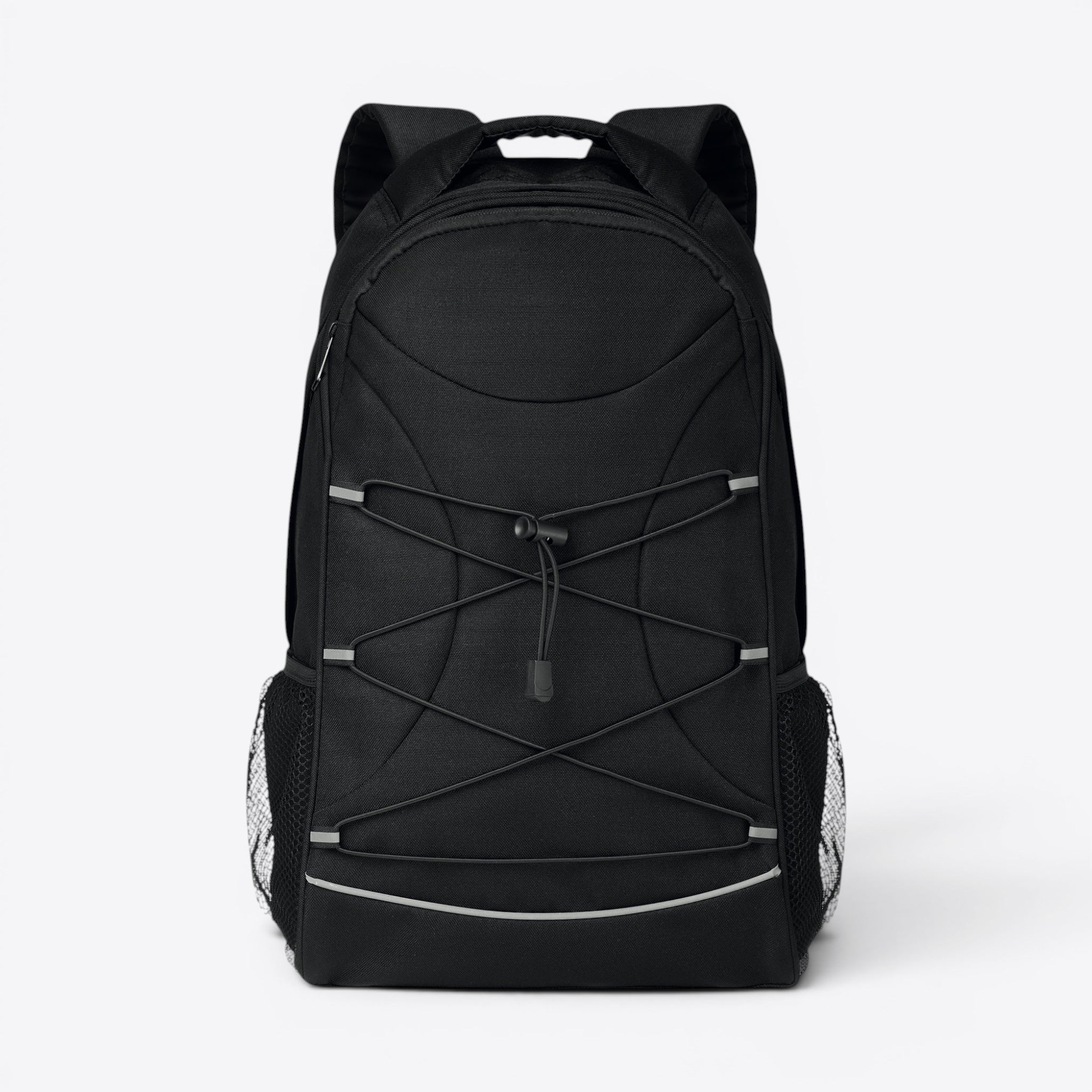 TODAY MERCH black active backpack with bungee cord front and mesh side pockets, ideal for professional use and travel.