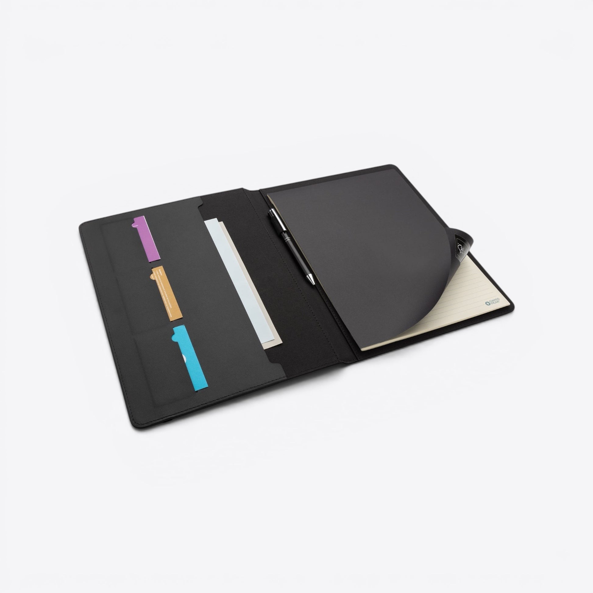 TODAY MERCH black leather portfolio with pen, card slots, and notepad. Ideal for business meetings.