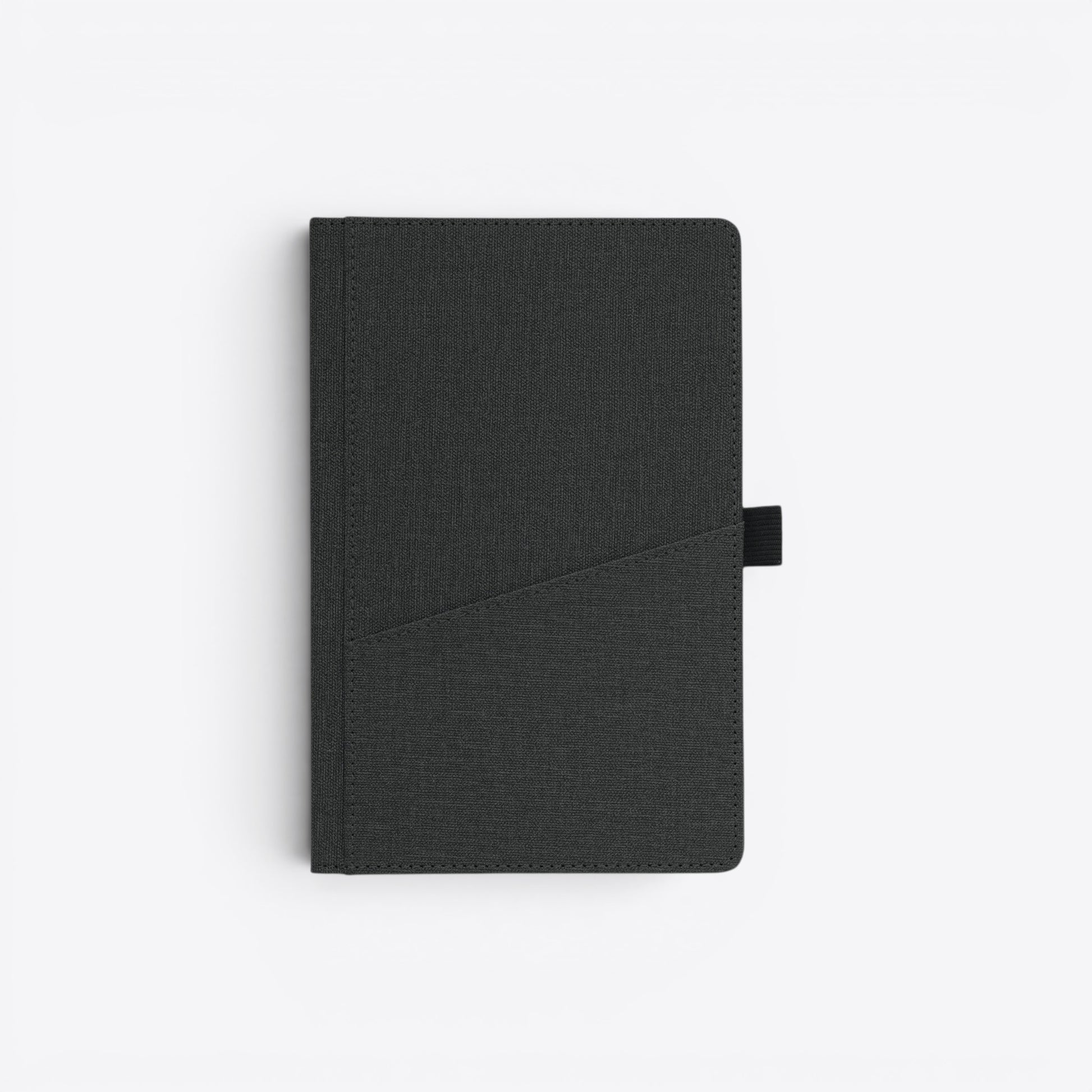 TODAY MERCH black fabric notebook with front pocket and elastic closure, ideal for professional use.