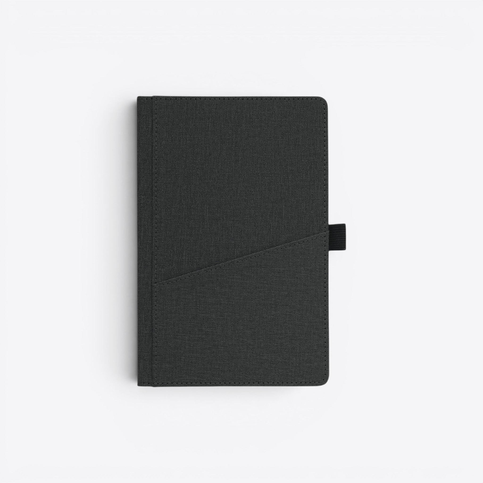 TODAY MERCH black fabric notebook with front pocket and elastic closure, ideal for professional use.