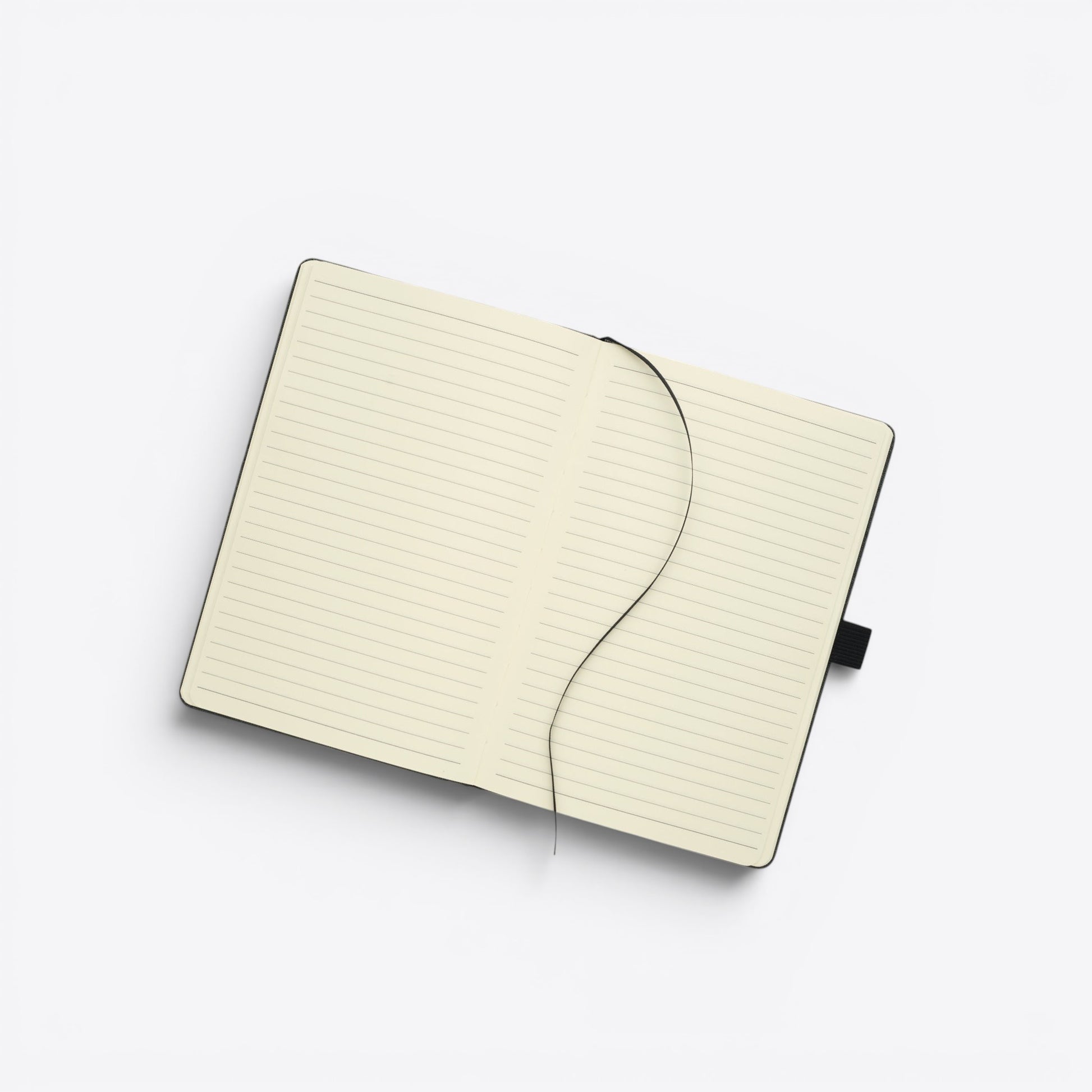 TODAY MERCH black notebook with lined cream pages and a black ribbon bookmark, featuring a front pocket.