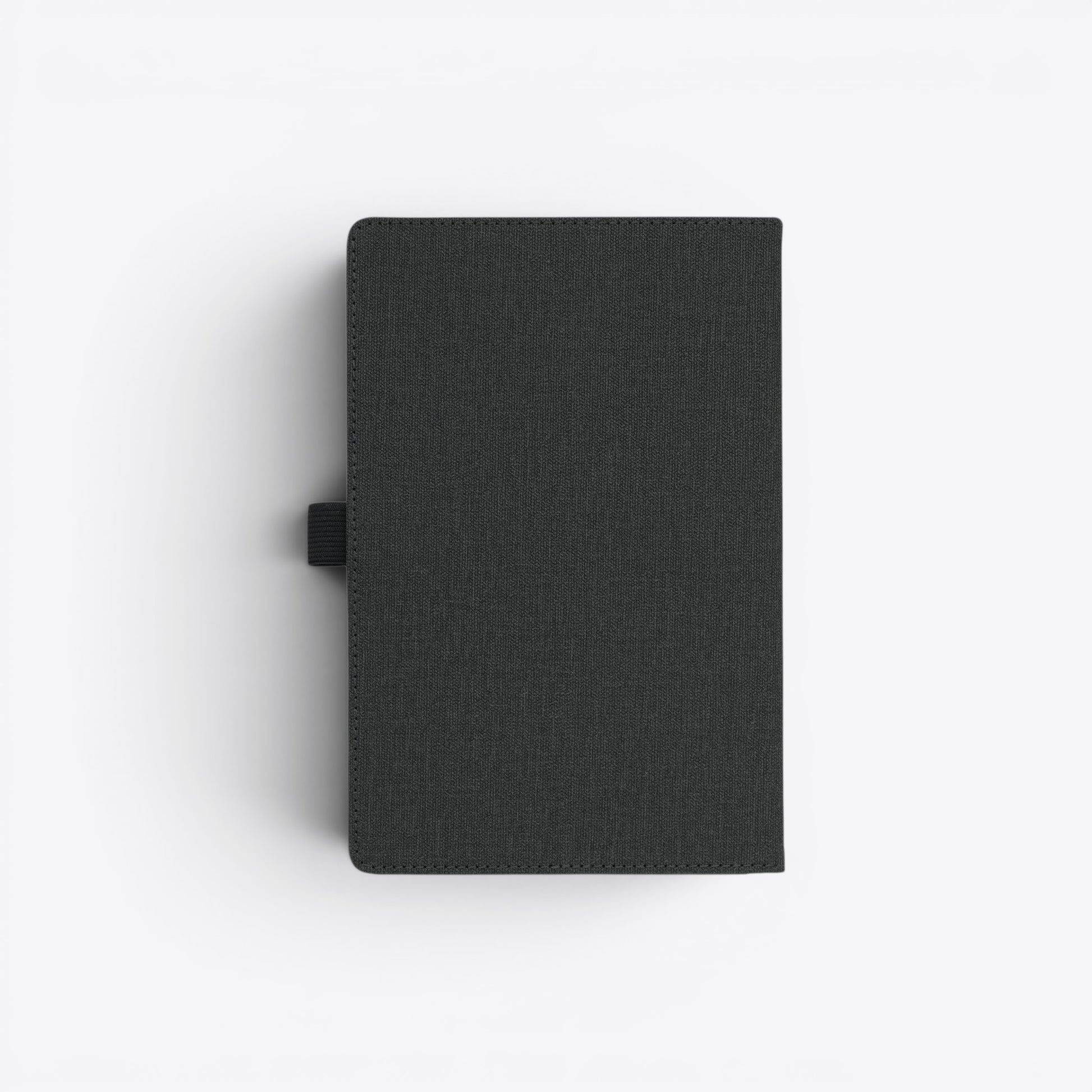 TODAY MERCH black fabric notebook with front pocket and elastic closure strap, ideal for professional use.
