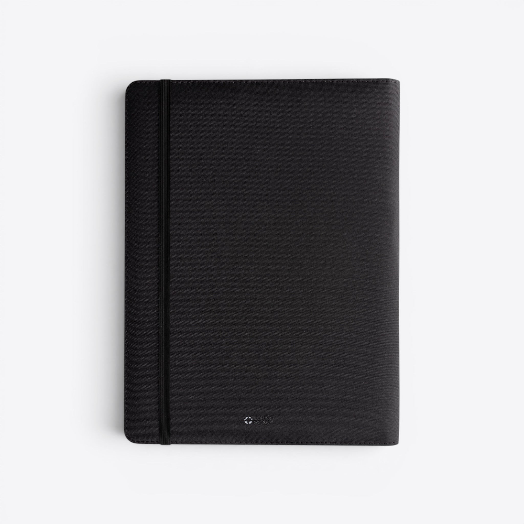 TODAY MERCH black faux leather portfolio with elastic closure and subtle Swiss Peak logo.