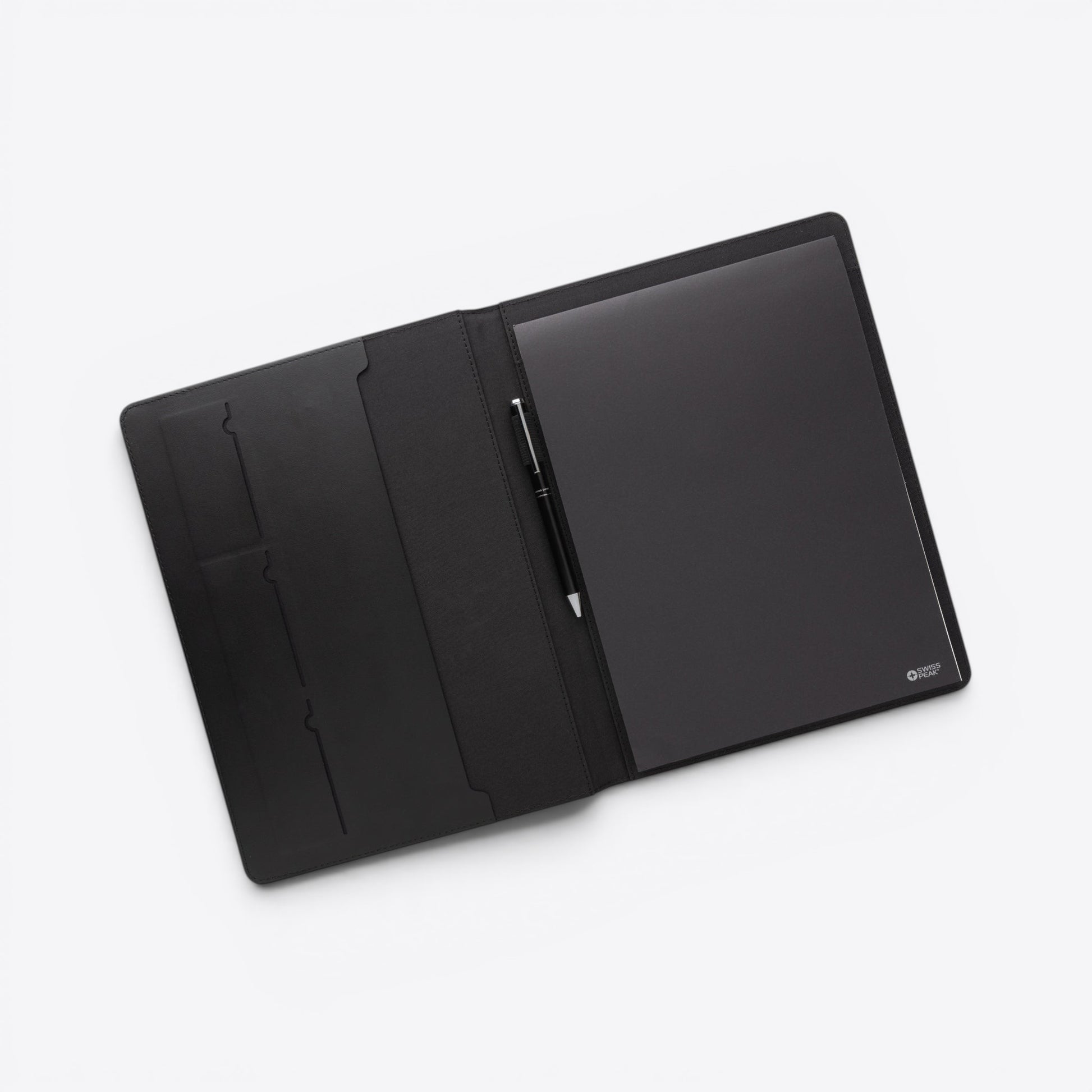 Black leather-look portfolio organizer from Swiss Peak by TODAY MERCH, with pen holder and card slots.