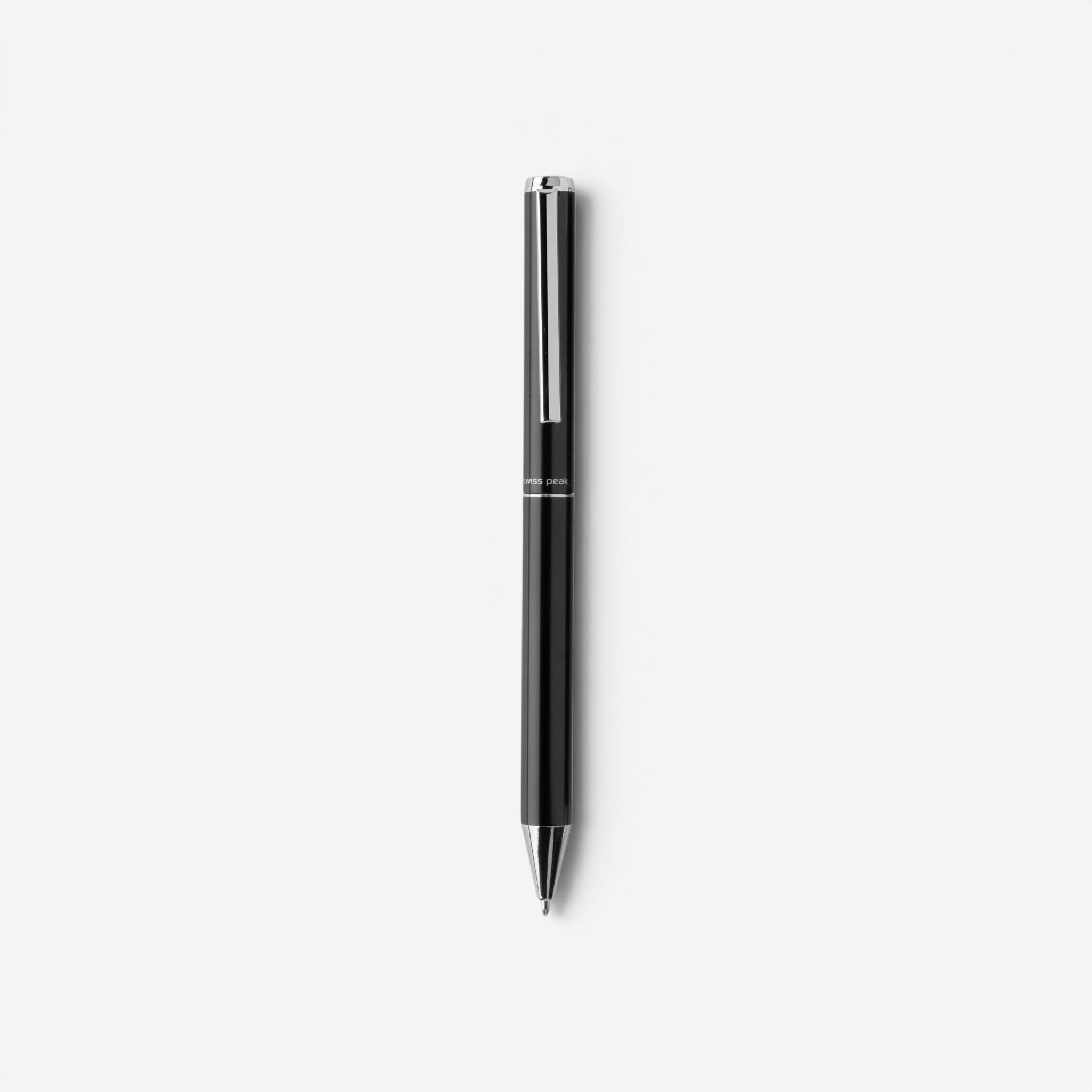 TODAY MERCH black Swiss Peak pen with silver clip and accents, sleek design for professional use.