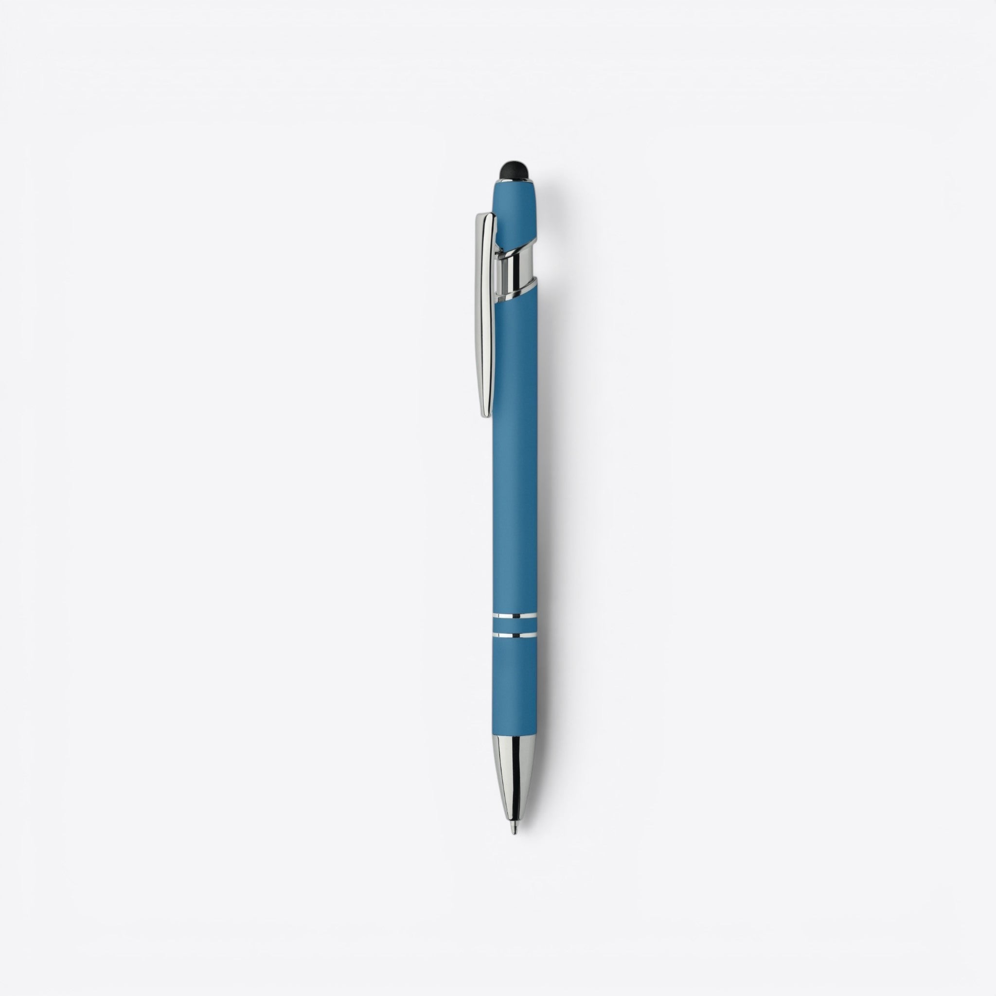 TODAY MERCH blue classic ballpoint pen with silver clip and two silver bands near the tip.