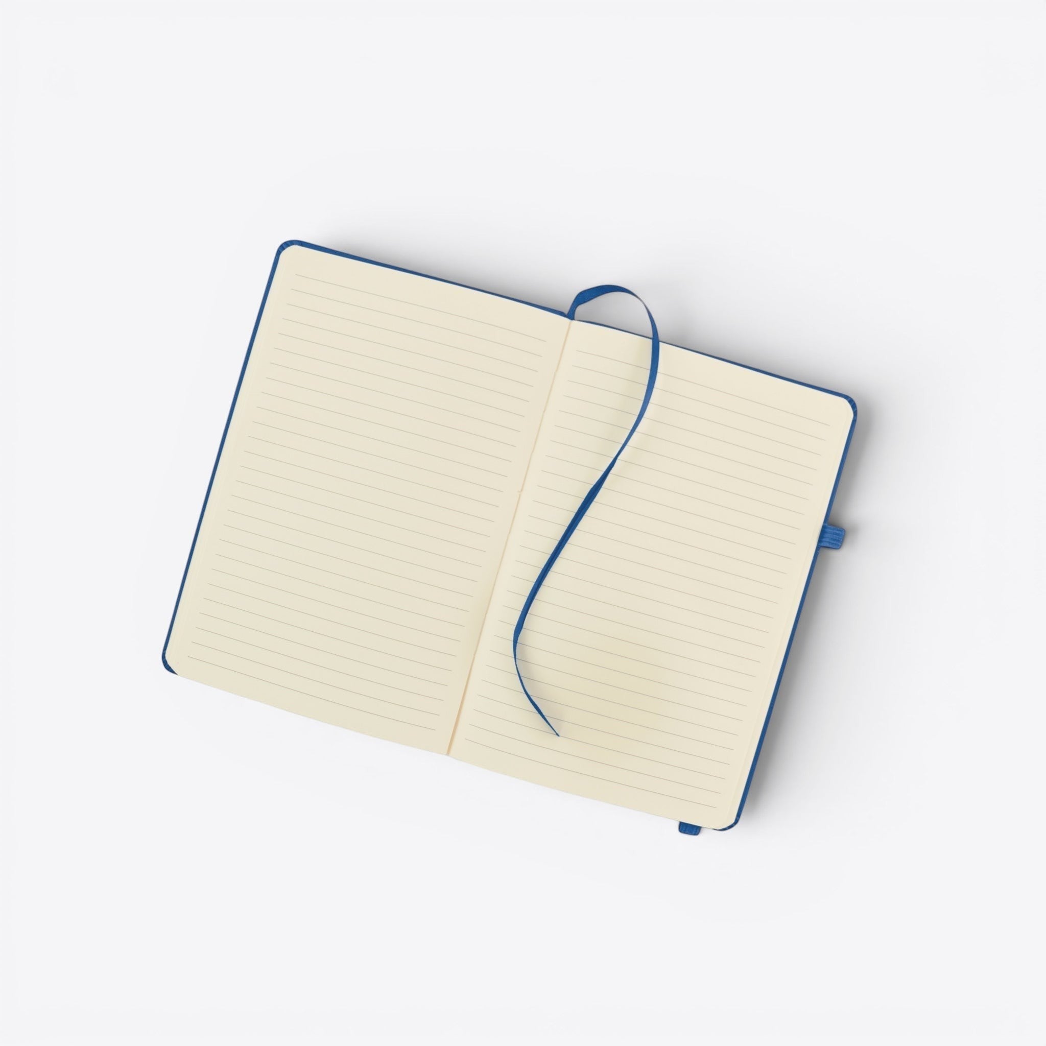 TODAY MERCH blue notebook with lined pages and a blue ribbon bookmark, featuring an integrated pen holder.