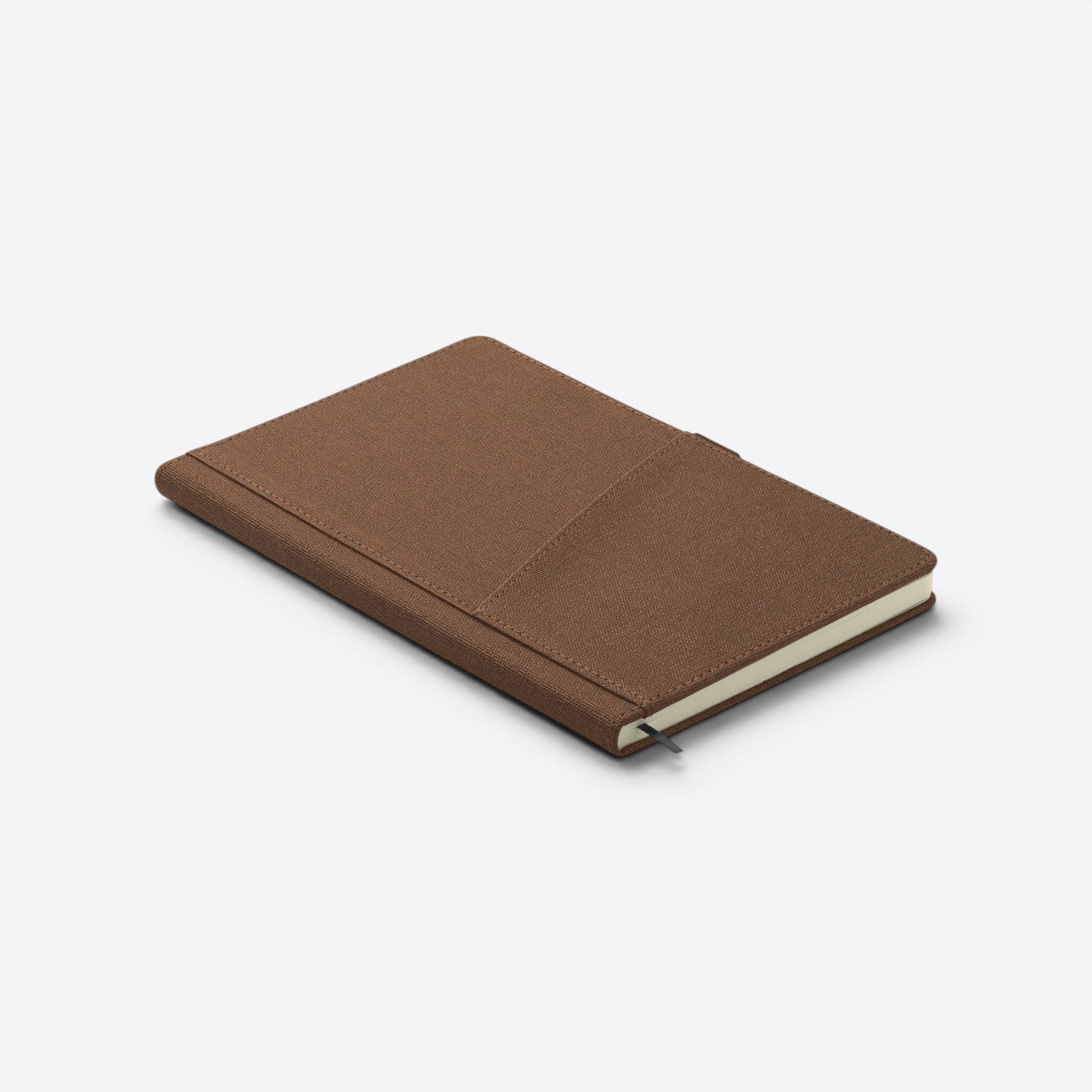 TODAY MERCH brown fabric notebook with front pocket and bookmark, ideal for professional use.