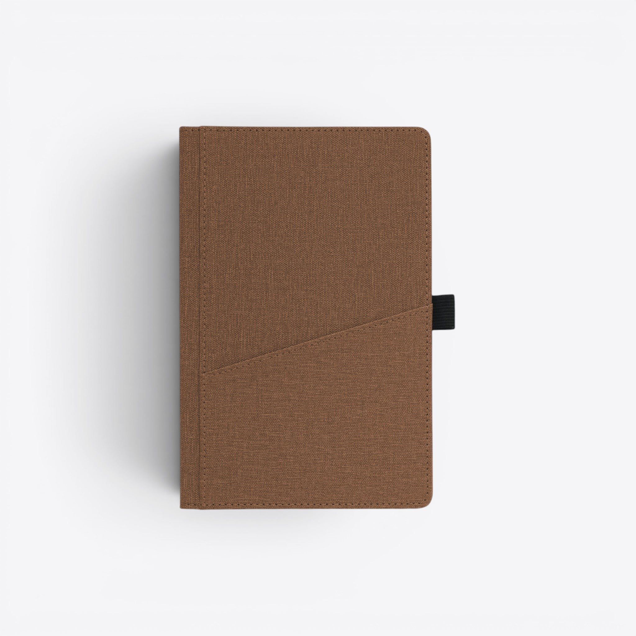 TODAY MERCH brown textured notebook with front pocket and elastic closure for pens.