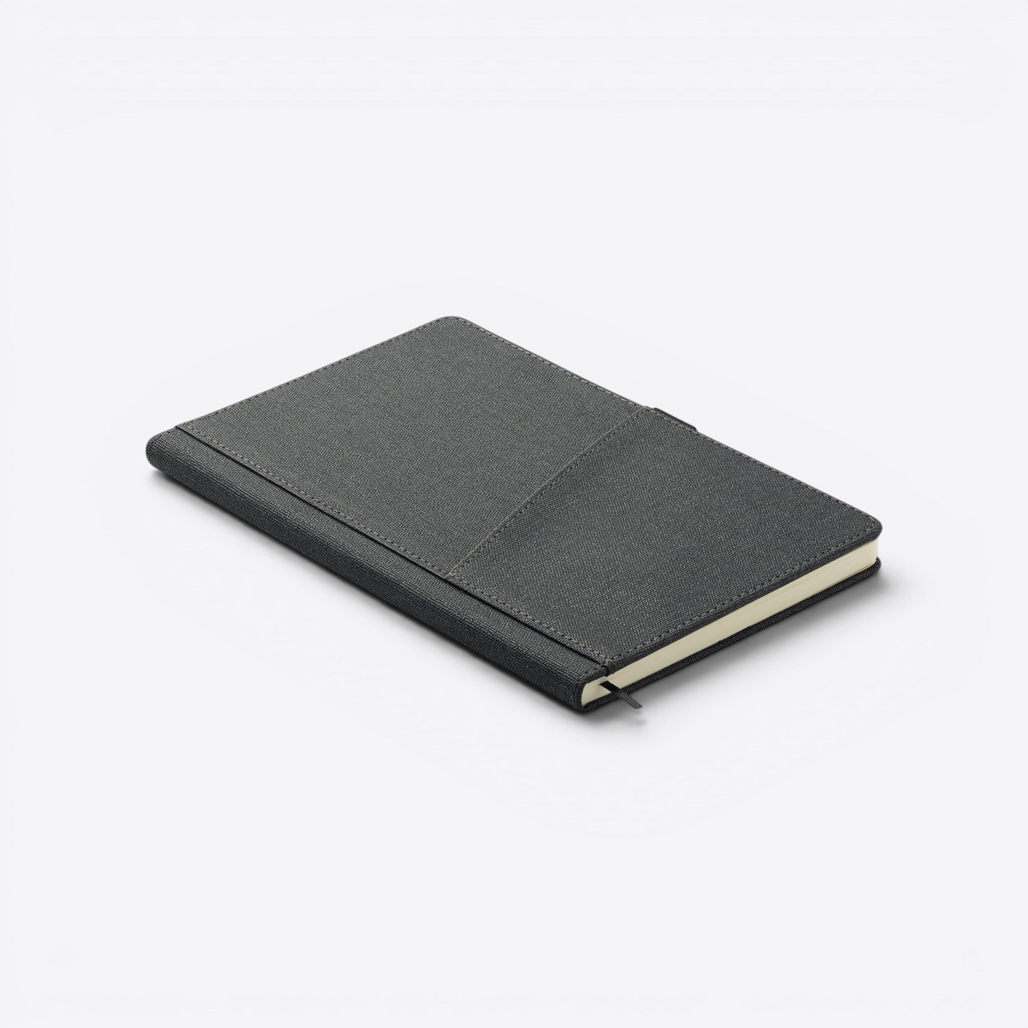 TODAY MERCH charcoal grey textured notebook with front pocket and black ribbon bookmark