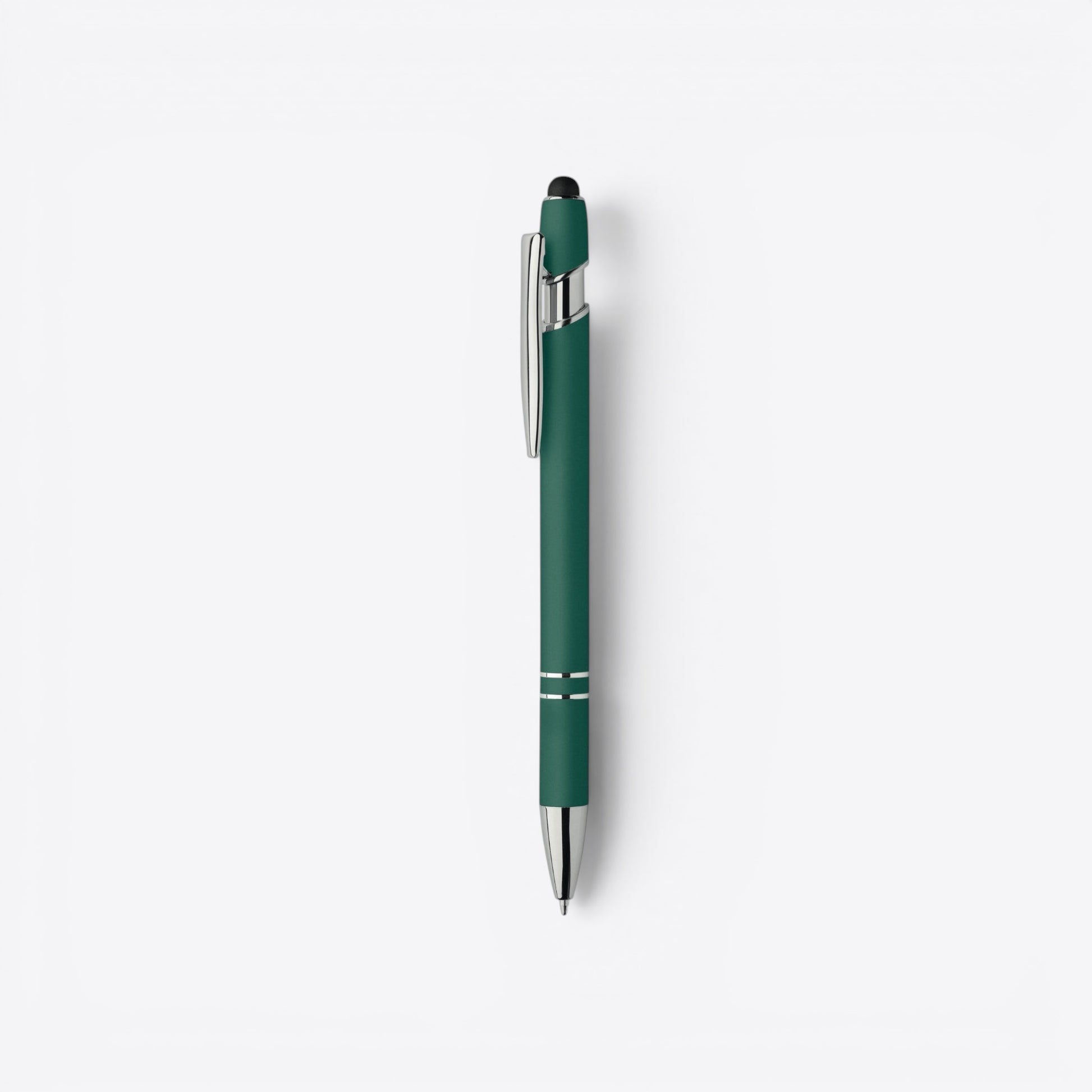 TODAY MERCH classic ballpoint pen in dark green with silver clip and two silver bands near the tip.