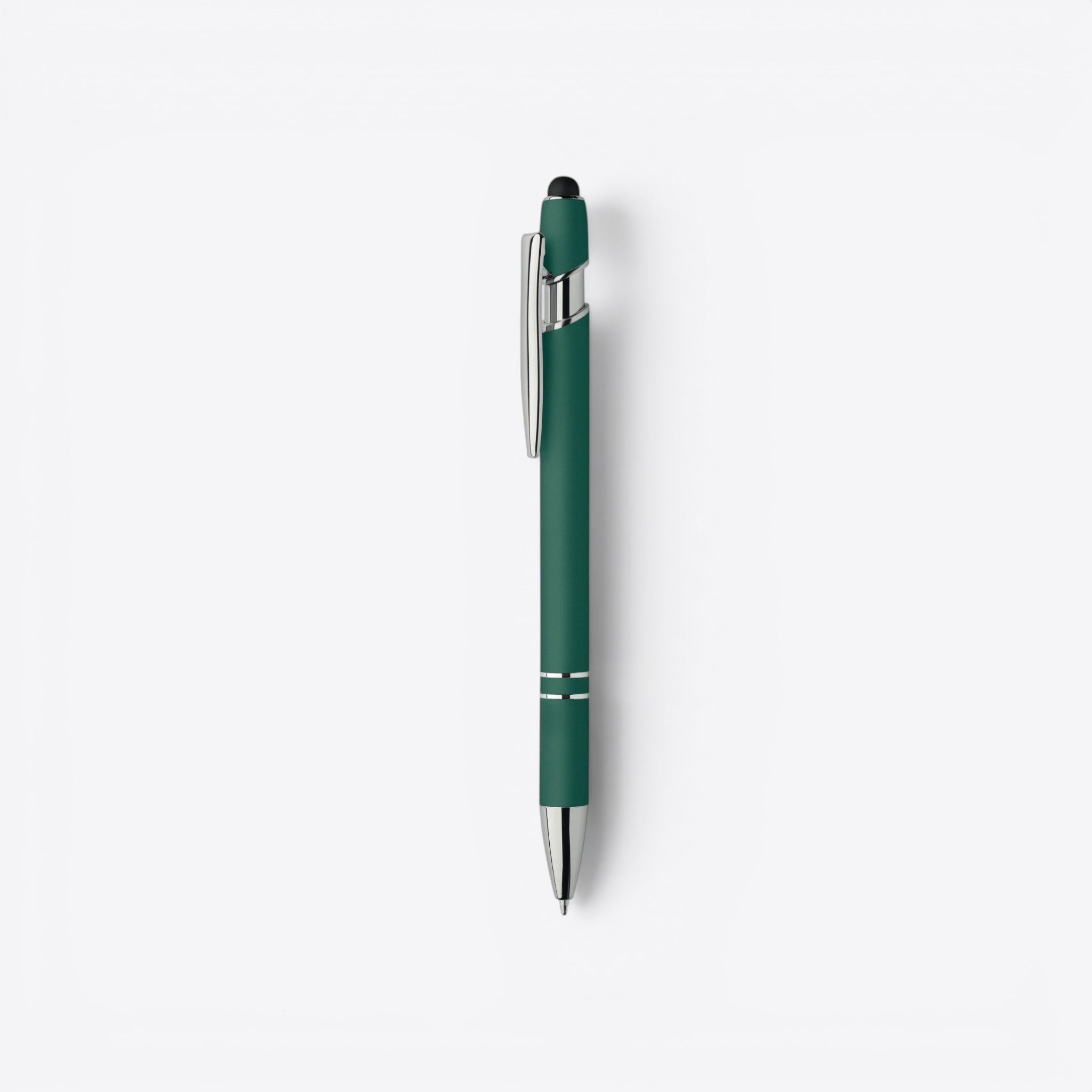 TODAY MERCH classic ballpoint pen in dark green with silver clip and two silver bands near the tip.