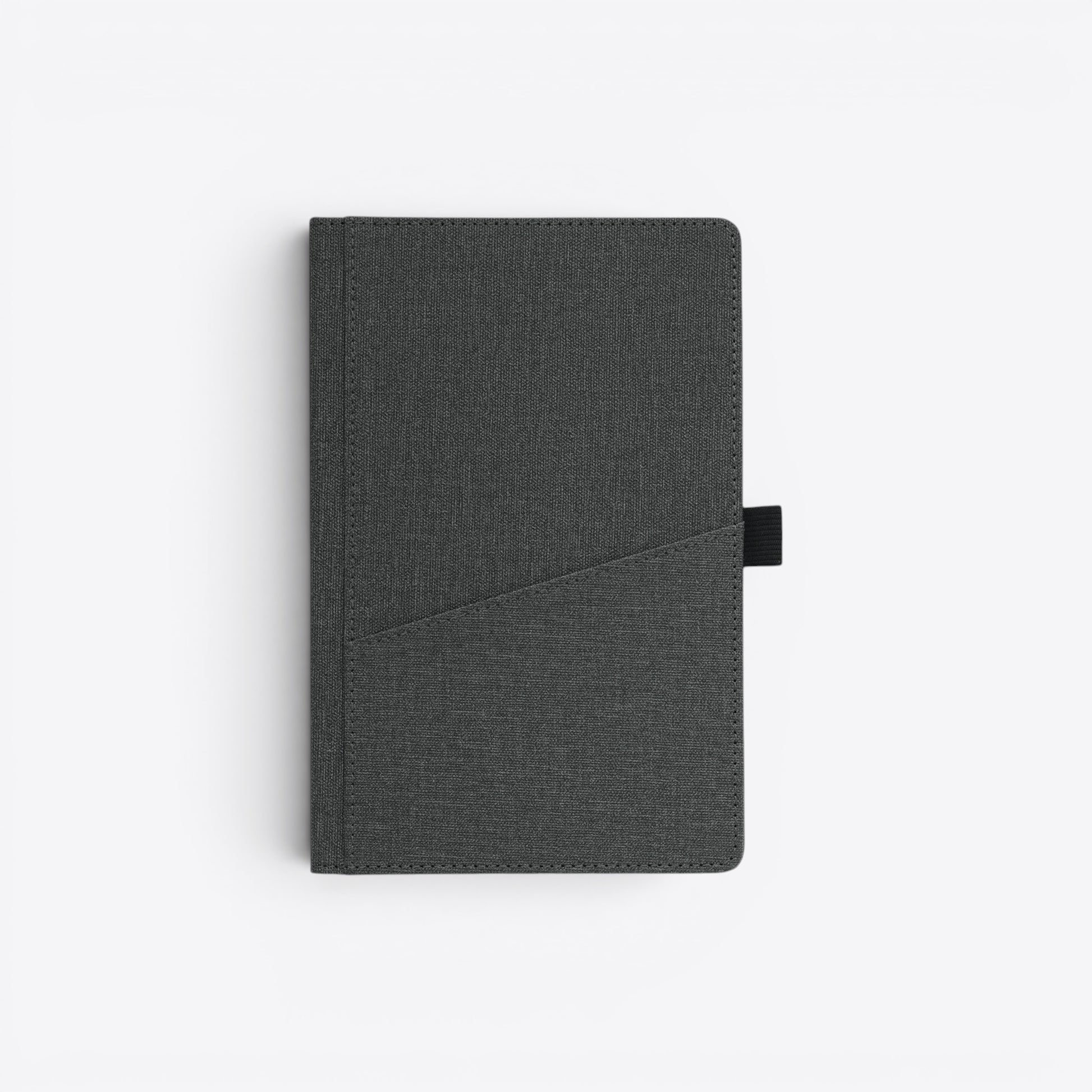 TODAY MERCH dark grey textured notebook with front pocket and elastic closure band.