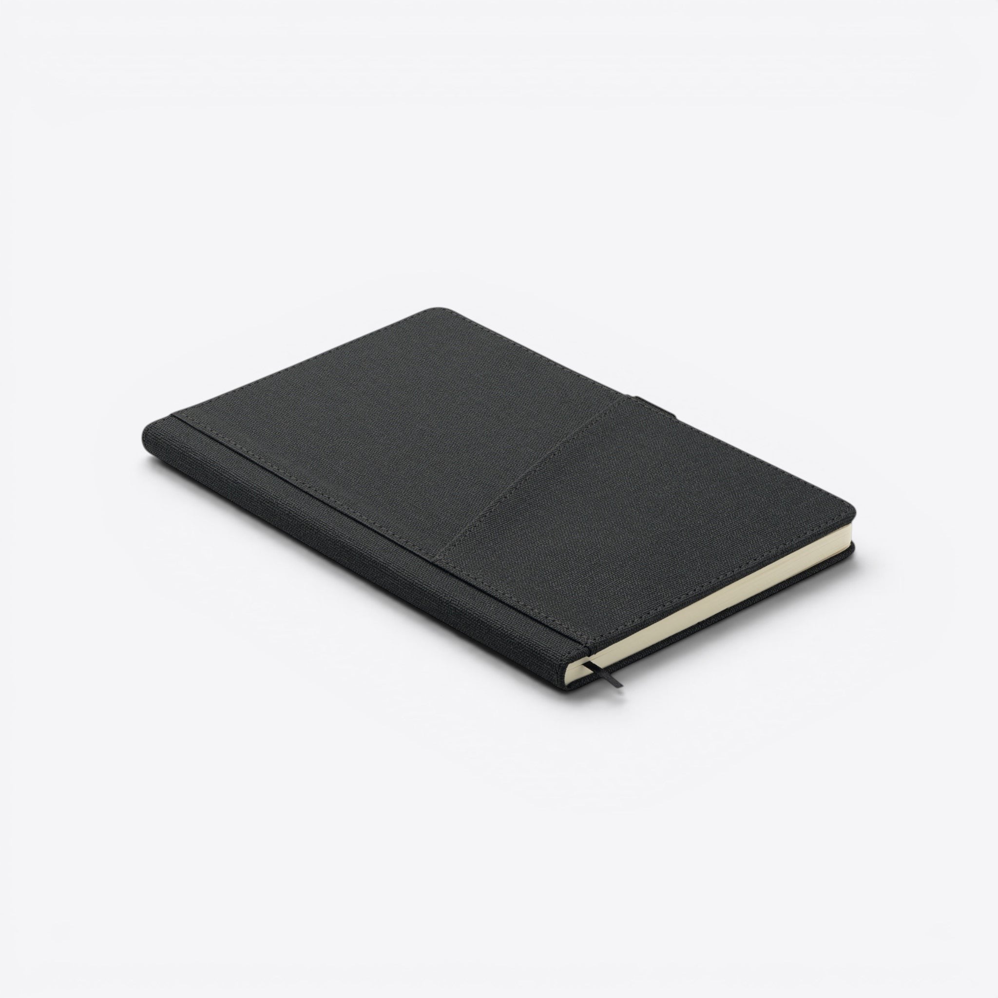 TODAY MERCH dark grey textured notebook with front pocket and black ribbon bookmark, perfect for professional use.