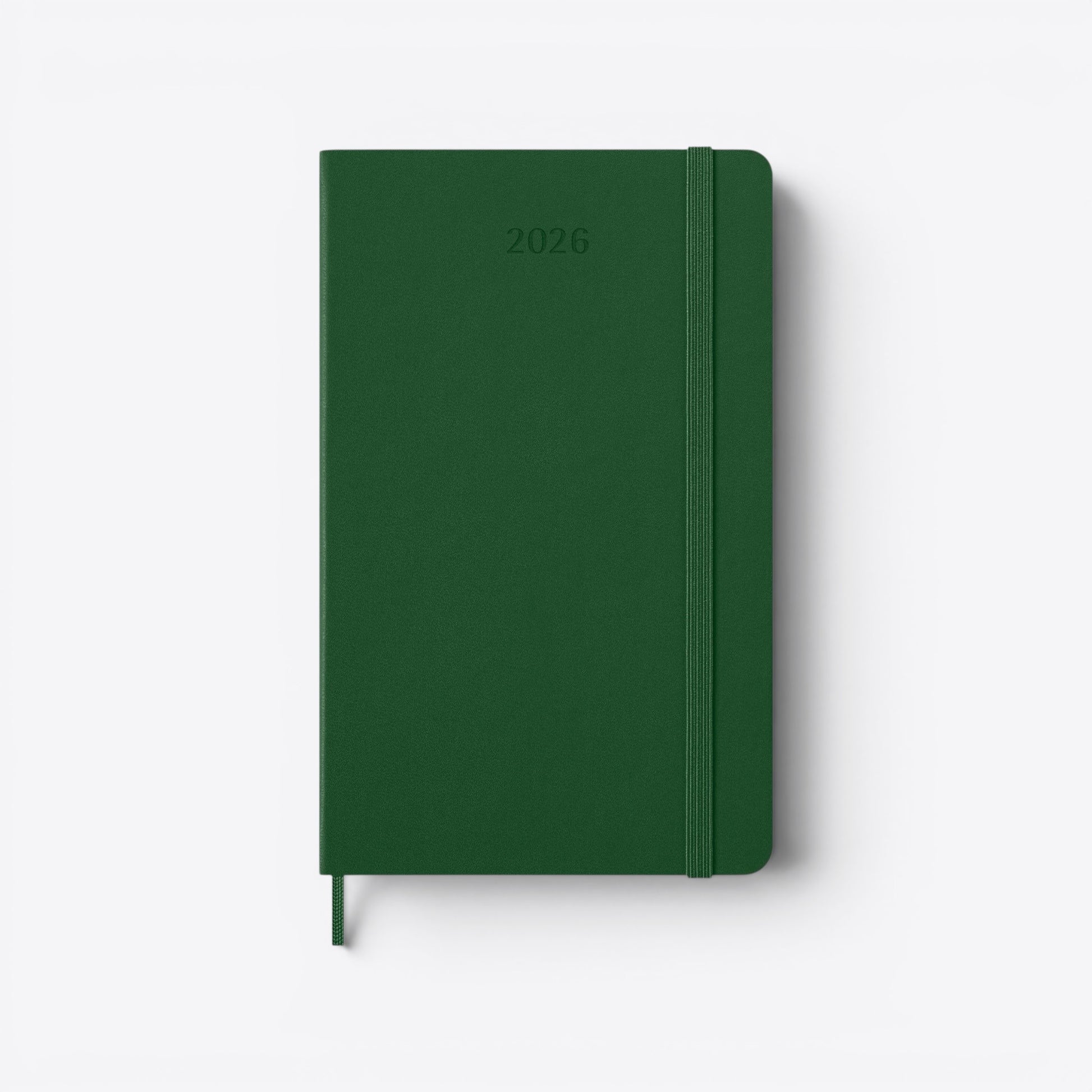 TODAY MERCH green 2026 Moleskine planner with elastic closure and bookmark ribbon.