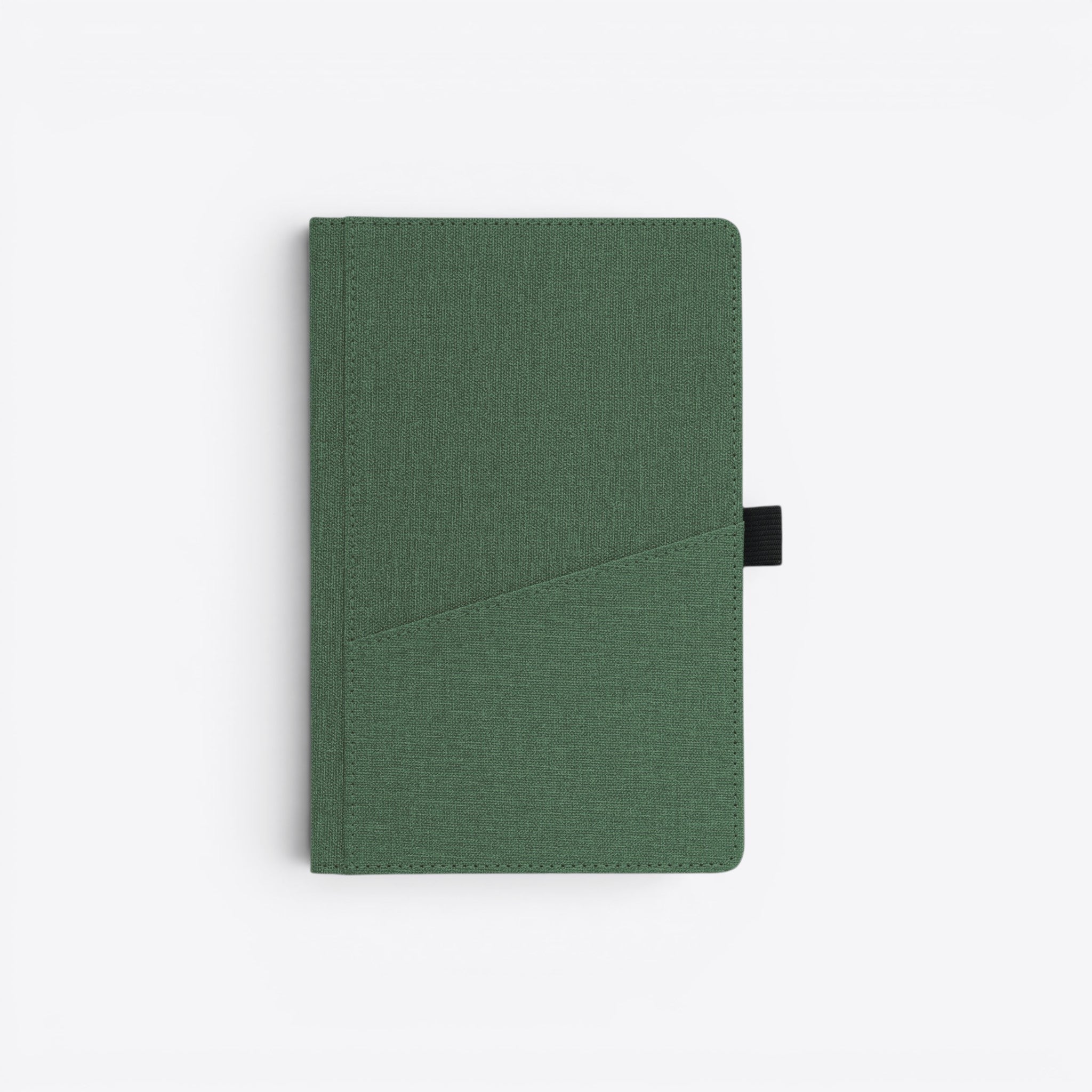 TODAY MERCH green fabric notebook with front pocket and black elastic closure, ideal for professional use.