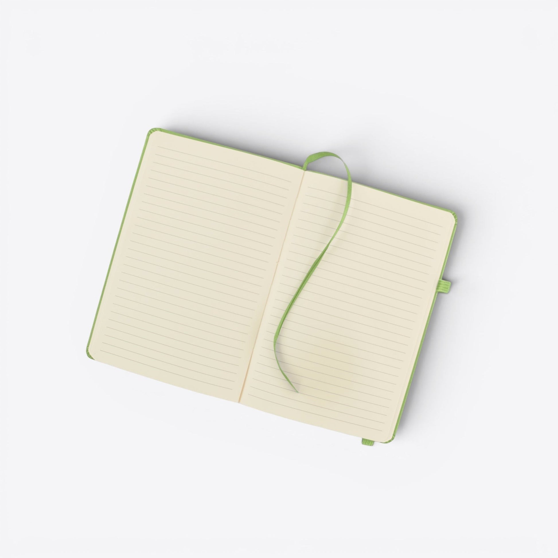 TODAY MERCH green notebook with lined pages and a green ribbon bookmark. Features an integrated pen holder.
