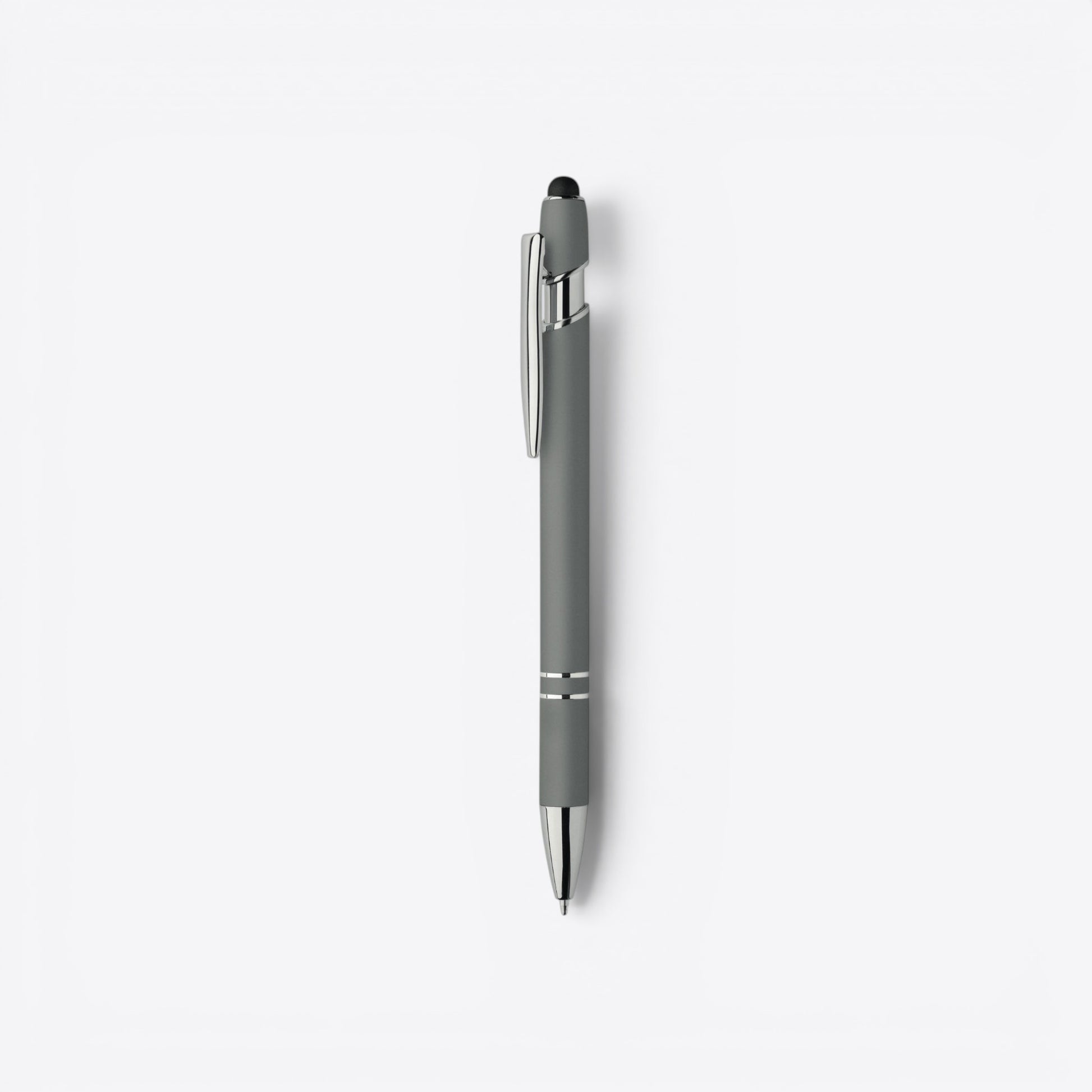 TODAY MERCH grey classic ballpoint pen with silver clip and accents, featuring a stylus tip.