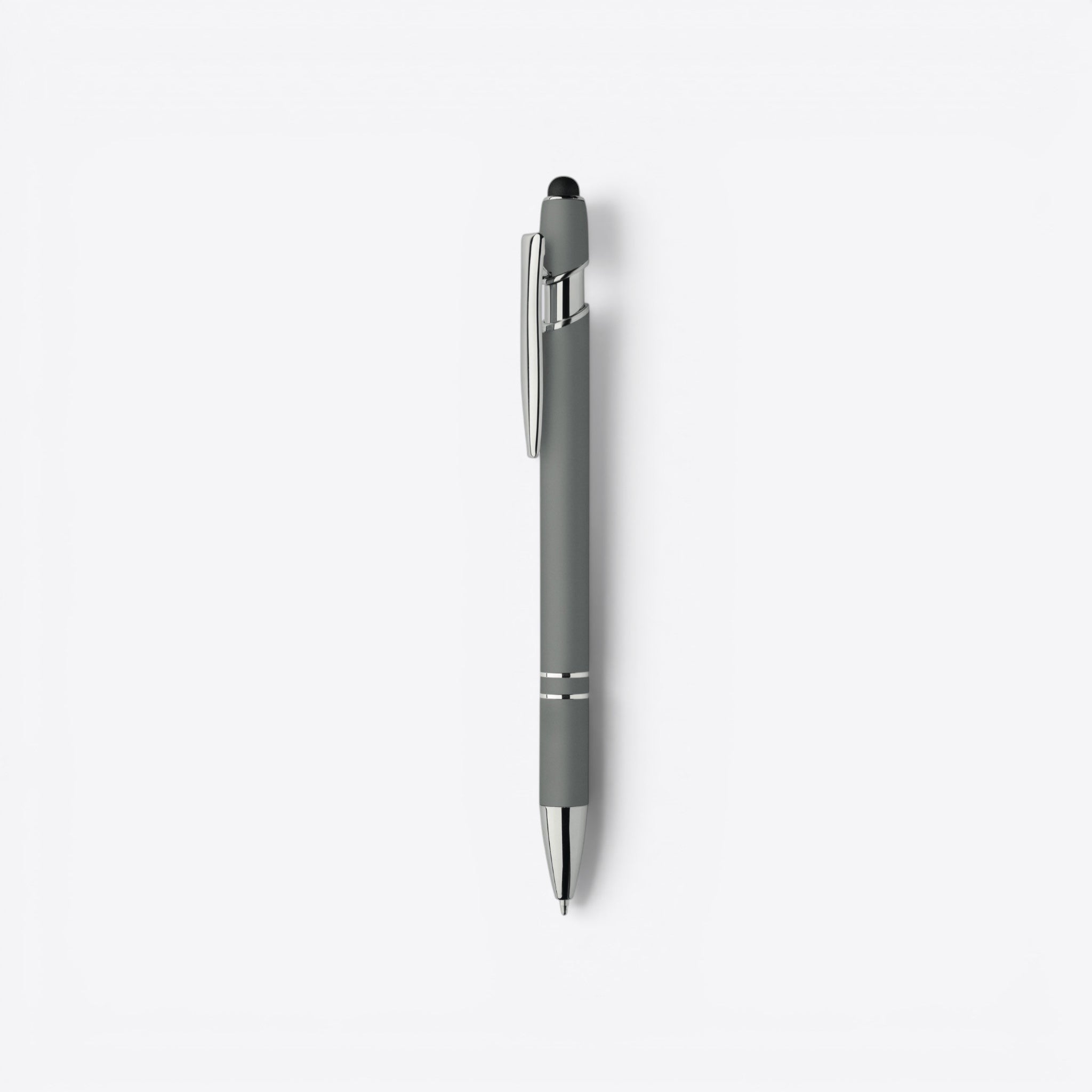 TODAY MERCH grey classic ballpoint pen with silver clip and accents, featuring a stylus tip.
