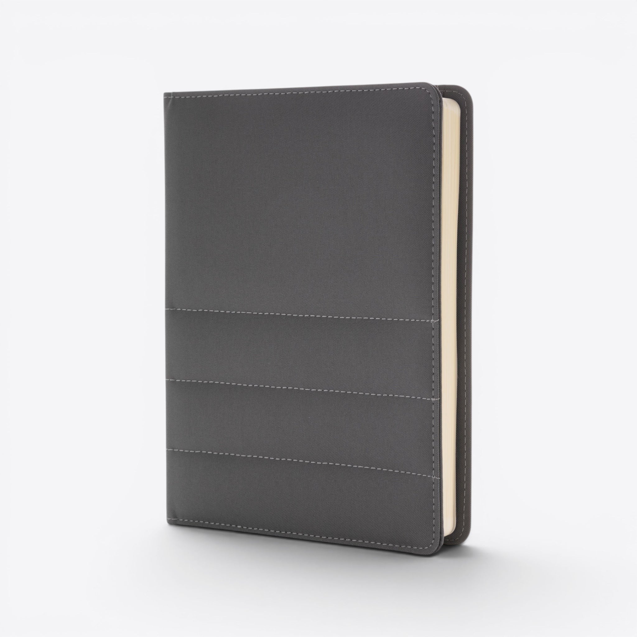 TODAY MERCH grey quilted document holder with stitched detailing and cream pages.