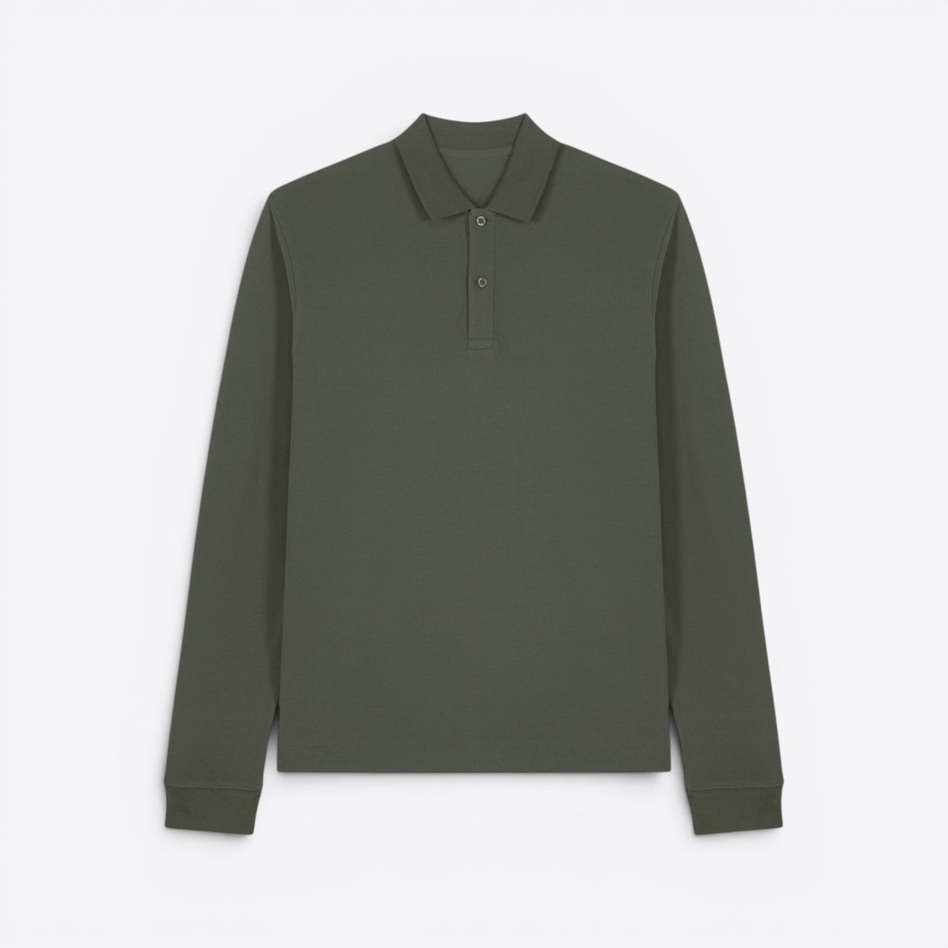 TODAY MERCH olive green long sleeve unisex organic cotton polo shirt with button placket.