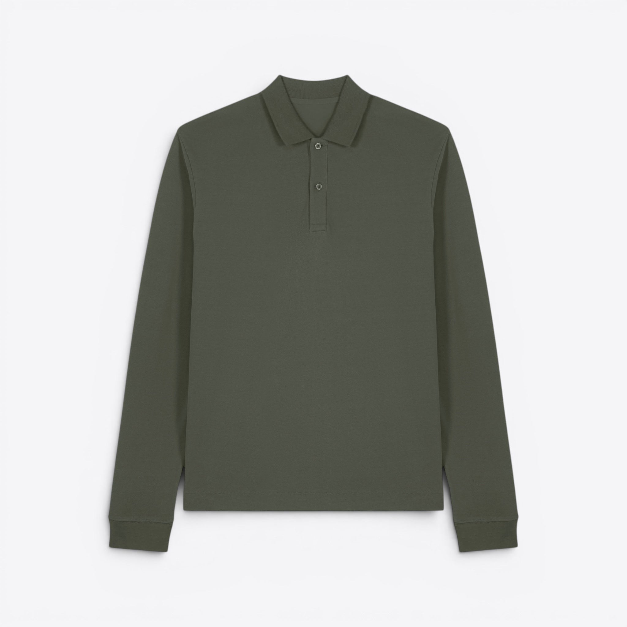 TODAY MERCH olive green long sleeve unisex organic cotton polo shirt with button placket.