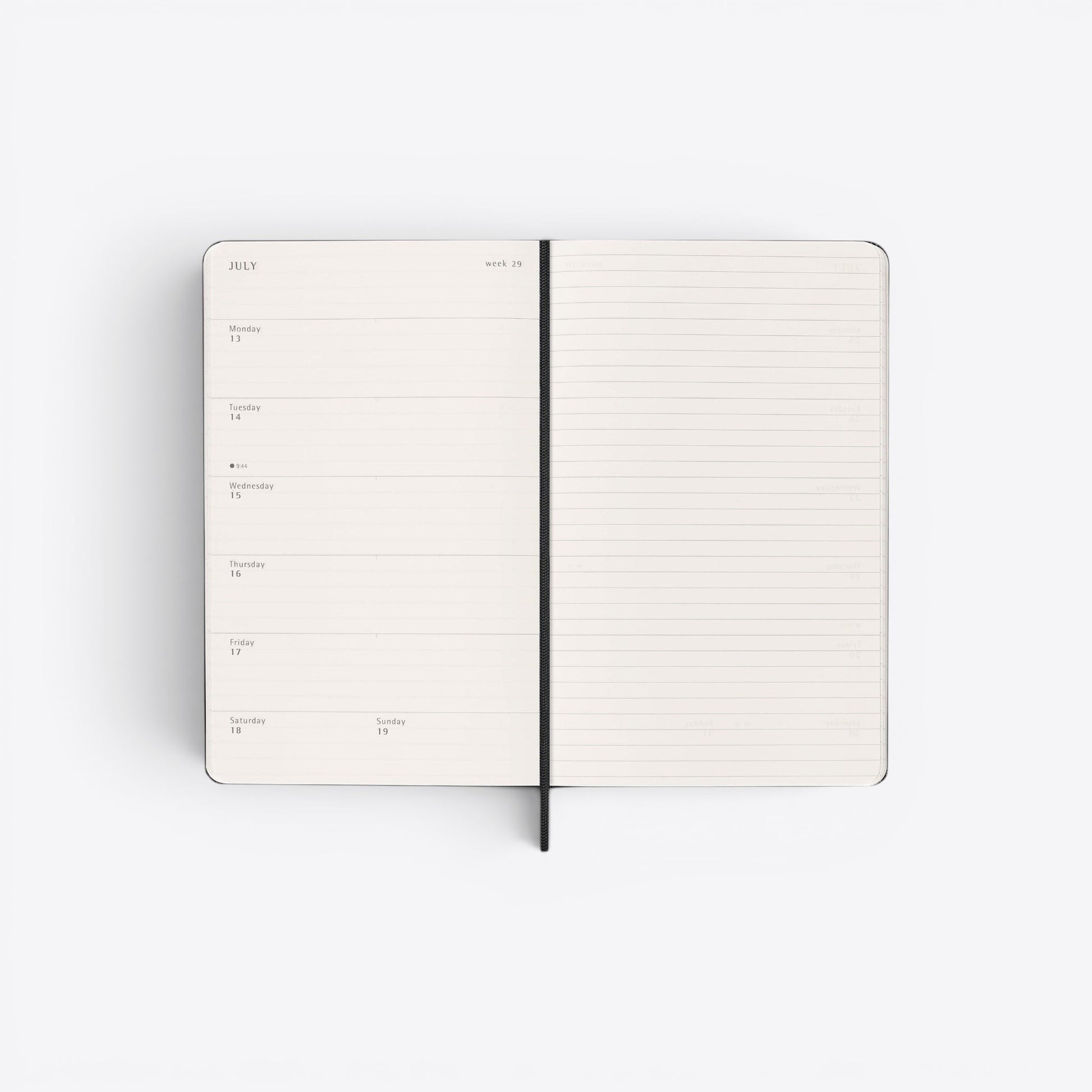 TODAY MERCH Moleskine weekly planner agenda, black cover, July week 29, lined pages for notes and planning.