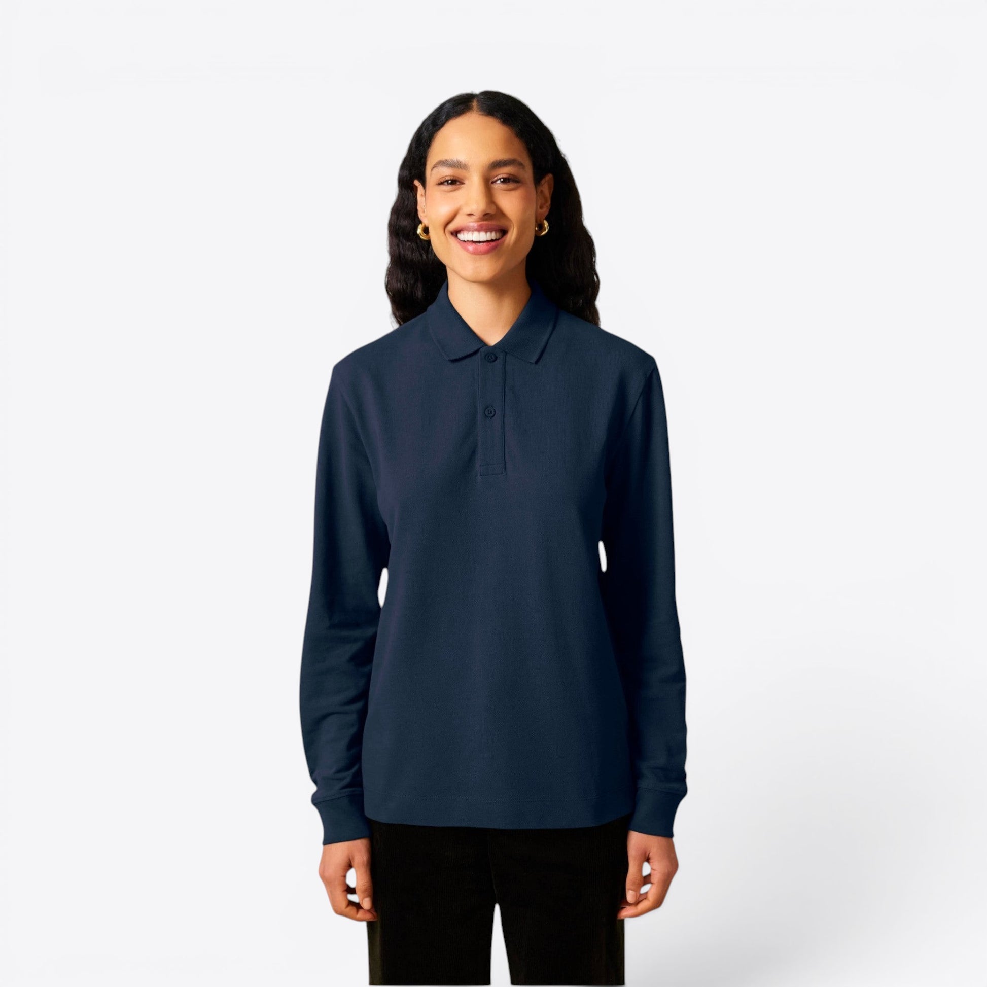 TODAY MERCH navy blue long-sleeve unisex premium polo shirt made from 100% organic cotton.