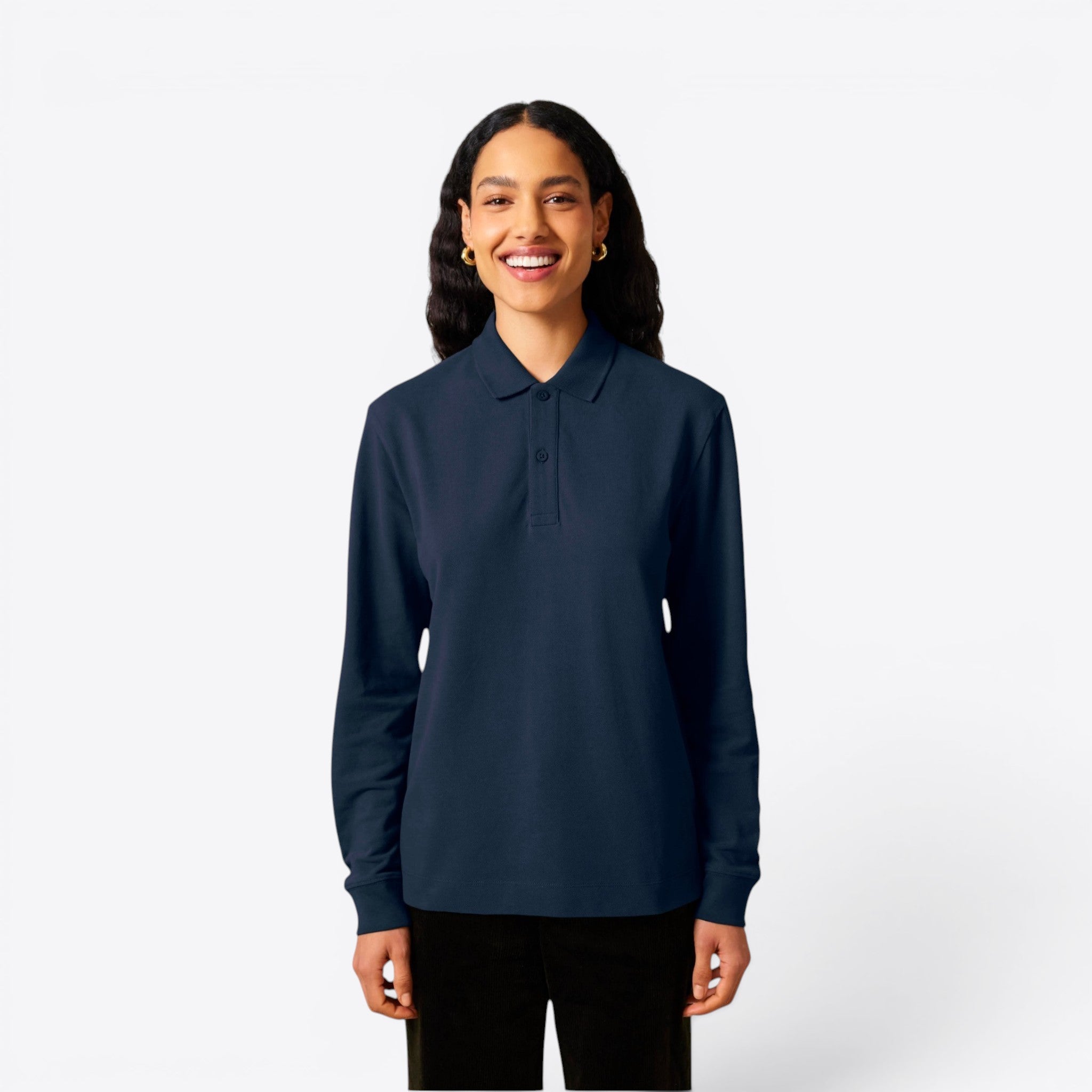TODAY MERCH navy blue long-sleeve unisex premium polo shirt made from 100% organic cotton.