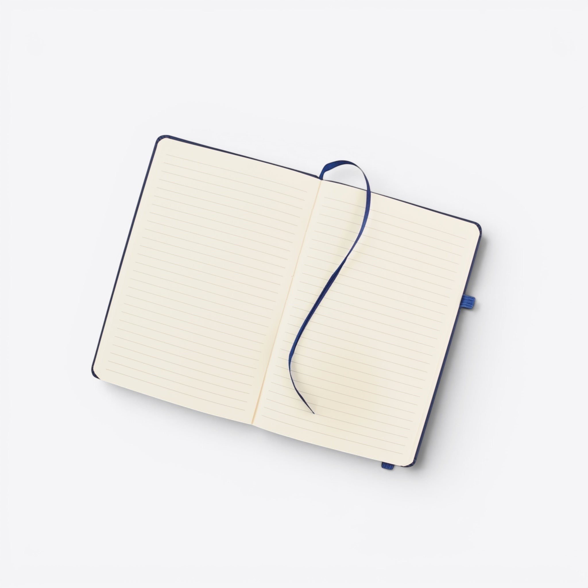 TODAY MERCH navy blue notebook with lined cream pages and a blue ribbon bookmark. Features a pen loop on the spine.