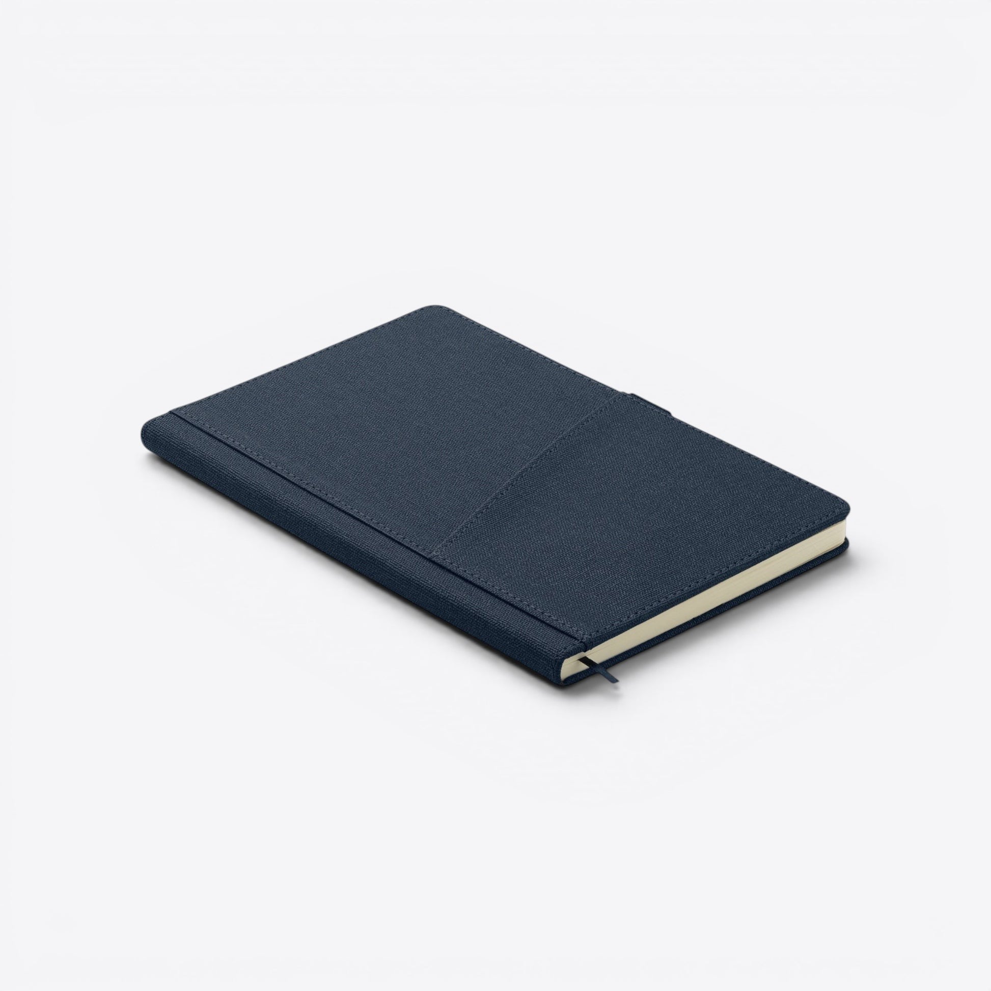 TODAY MERCH navy blue fabric notebook with front pocket and ribbon bookmark. Ideal for professional use.