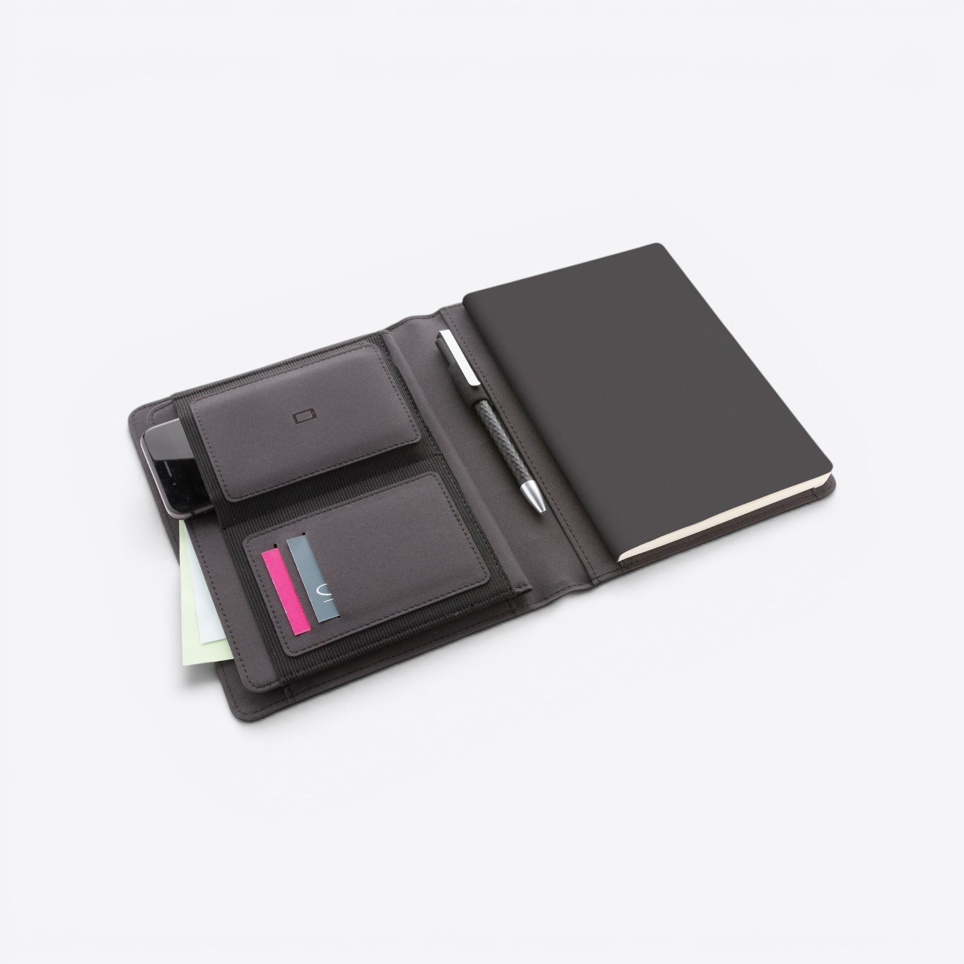 TODAY MERCH quilted document holder in dark brown faux leather, with slots for phone, cards, pen, and a black notebook.