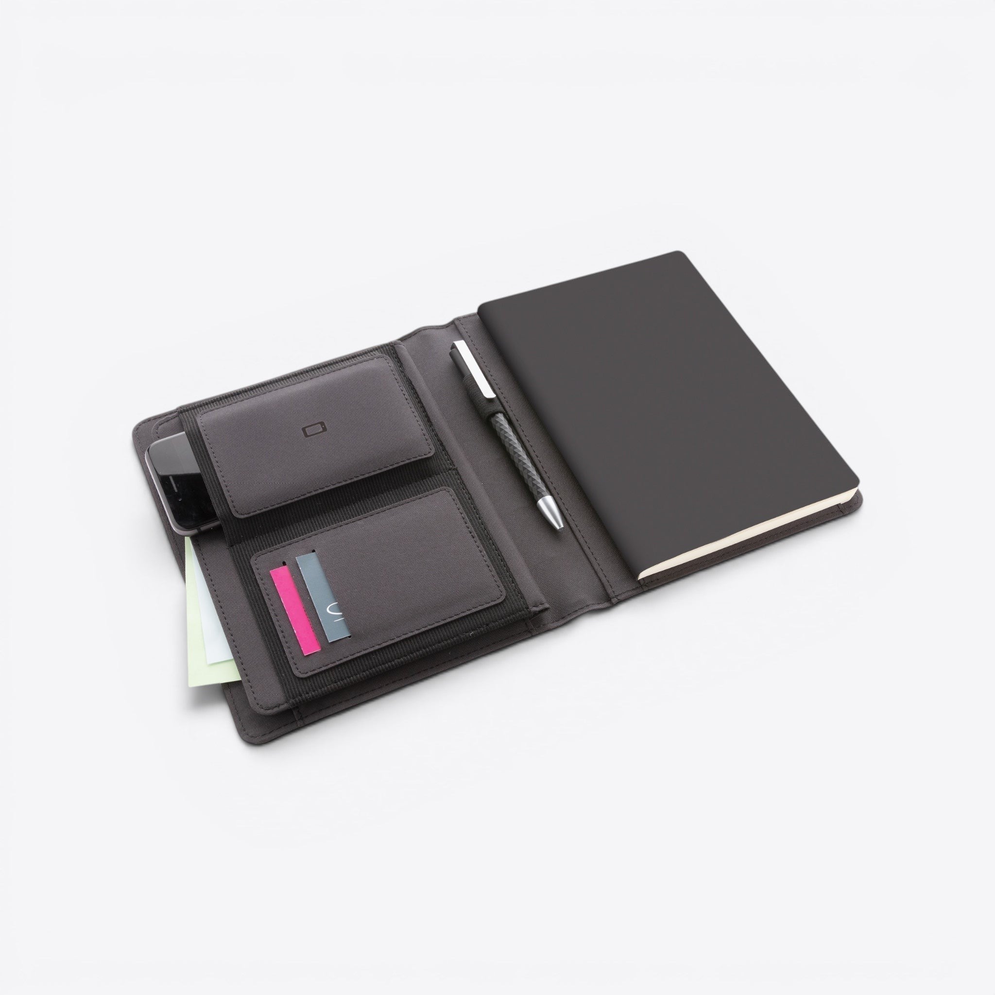 TODAY MERCH quilted document holder in dark brown faux leather, with slots for phone, cards, pen, and a black notebook.