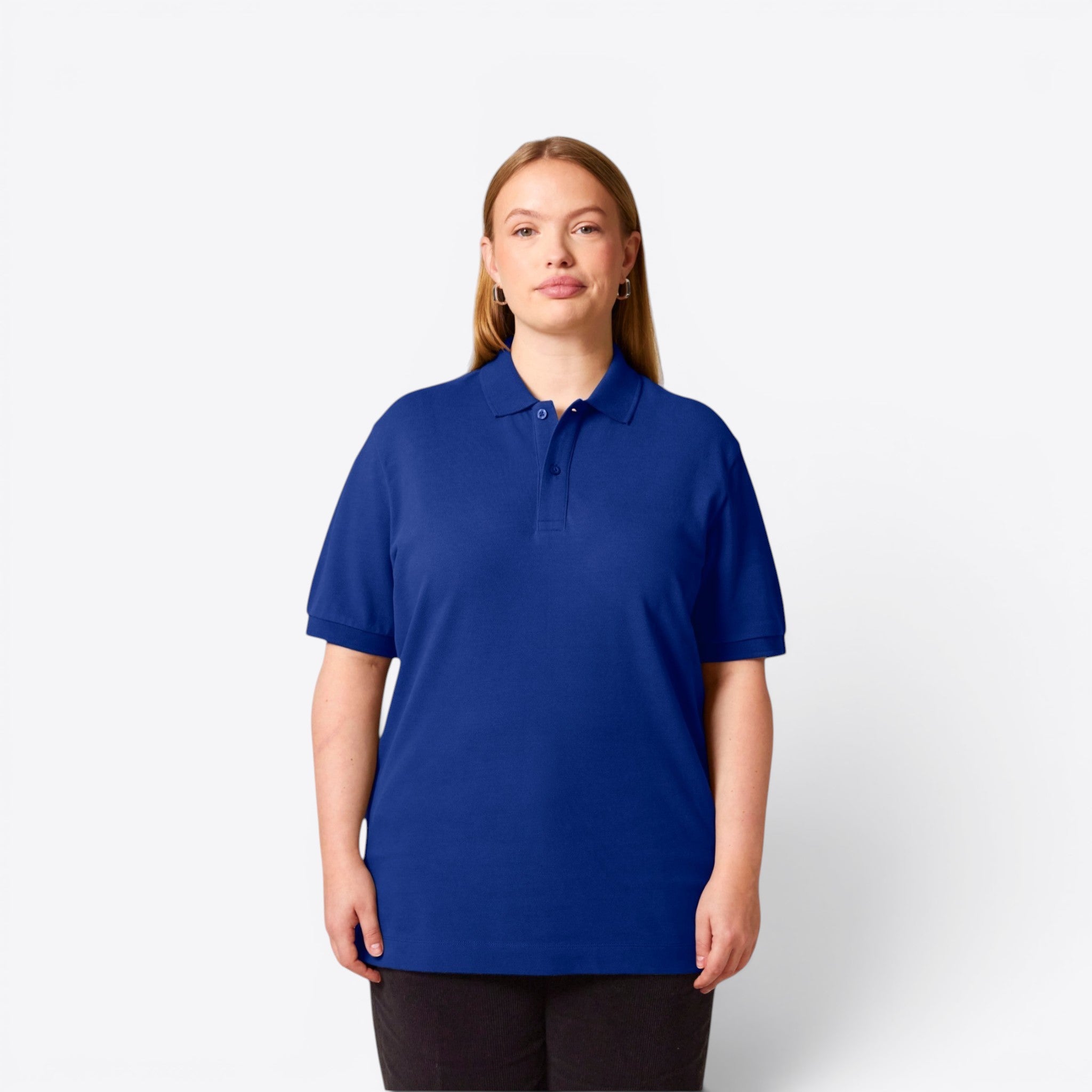 TODAY MERCH unisex premium short-sleeve polo shirt in royal blue, made from organic cotton pique.