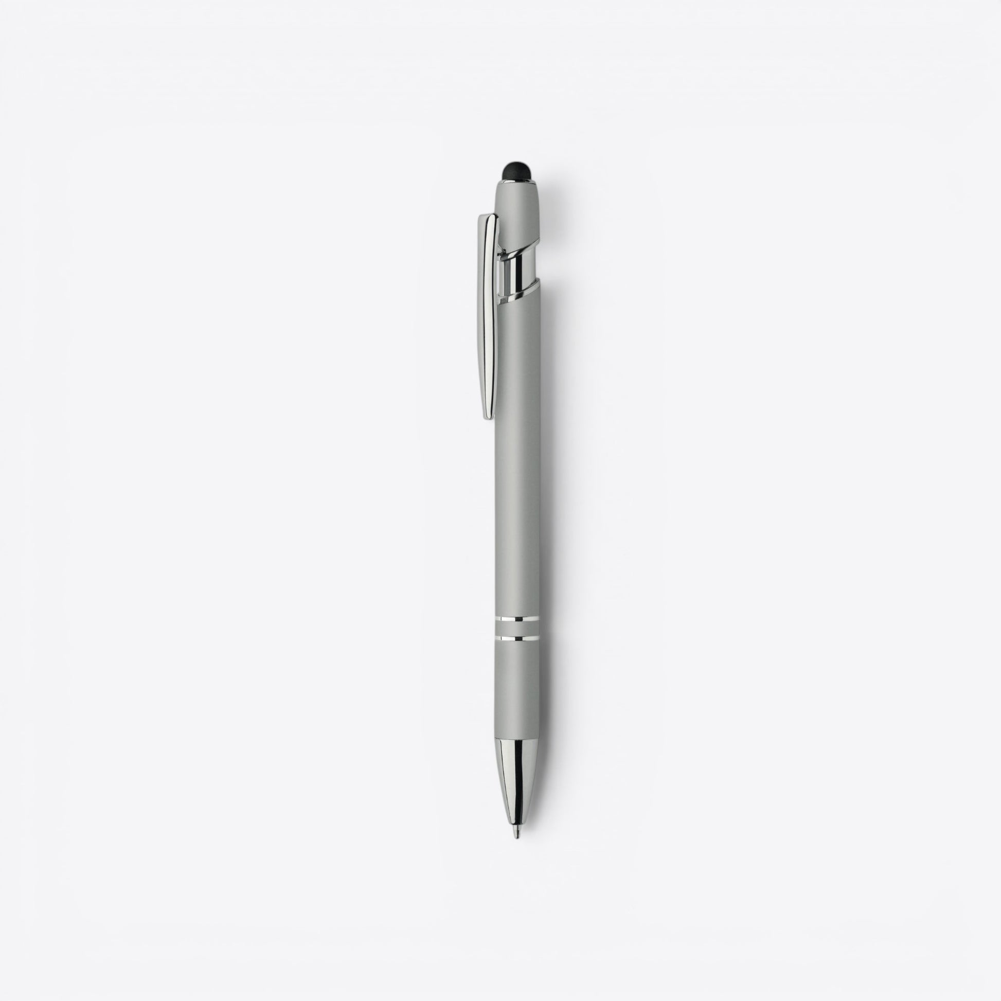 TODAY MERCH silver ballpoint pen with stylus tip and chrome clip, ideal for corporate gifts.