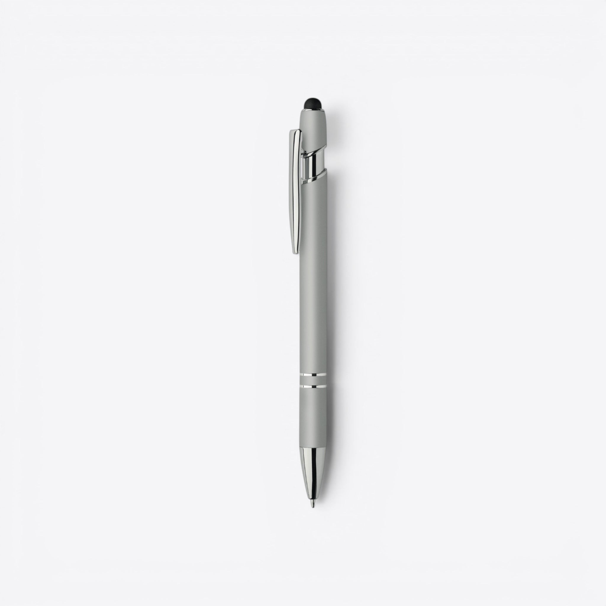 TODAY MERCH silver ballpoint pen with stylus tip and chrome clip, ideal for corporate gifts.