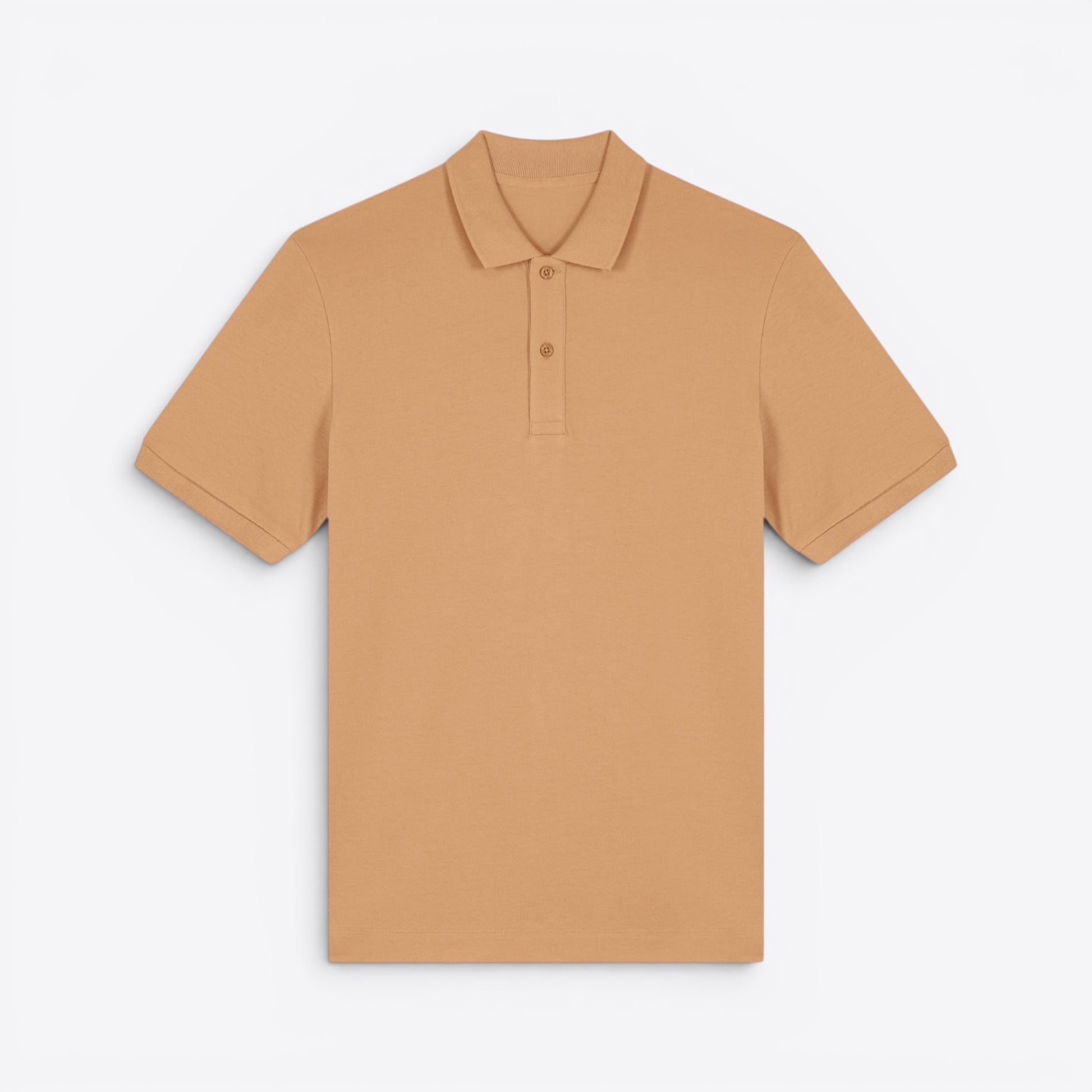 TODAY MERCH unisex premium short-sleeve polo shirt in tan organic cotton pique, featuring a structured fit and neat finishes.