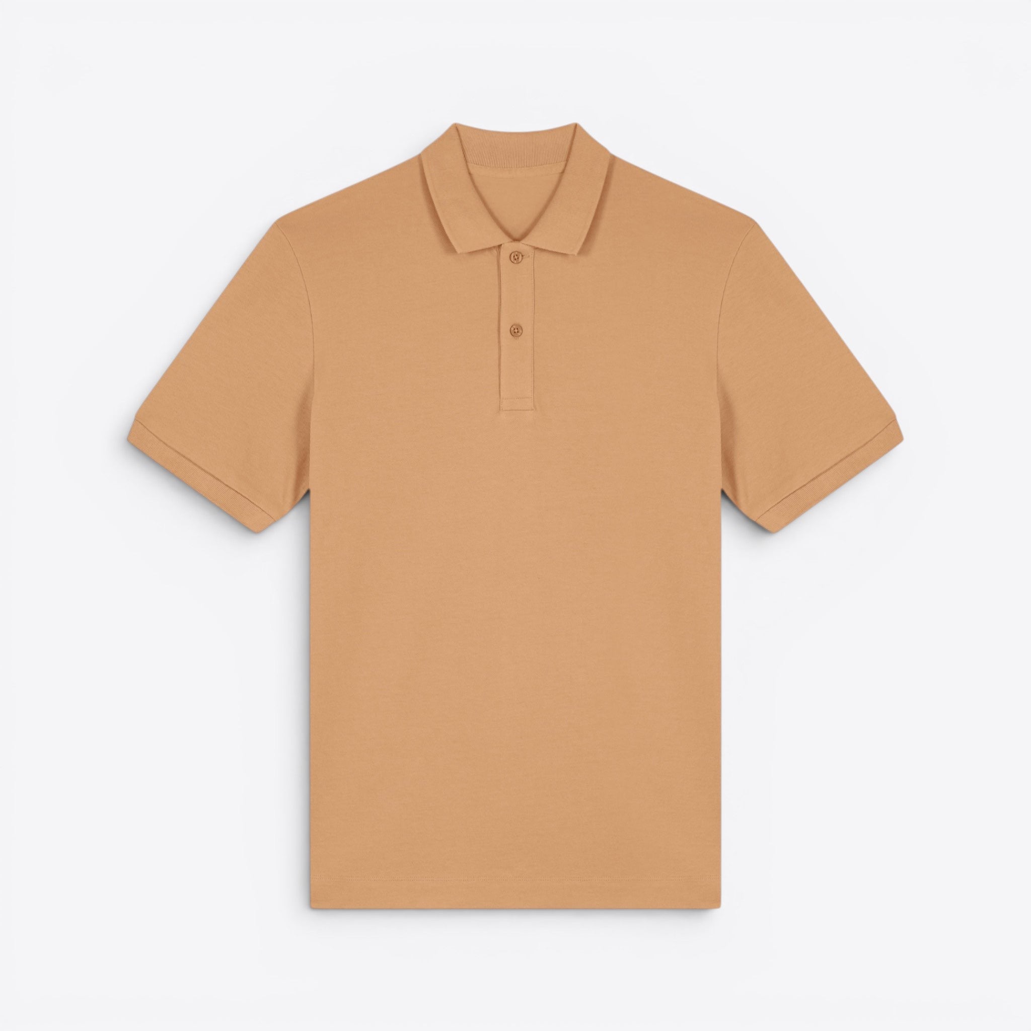TODAY MERCH unisex premium short-sleeve polo shirt in tan organic cotton pique, featuring a structured fit and neat finishes.