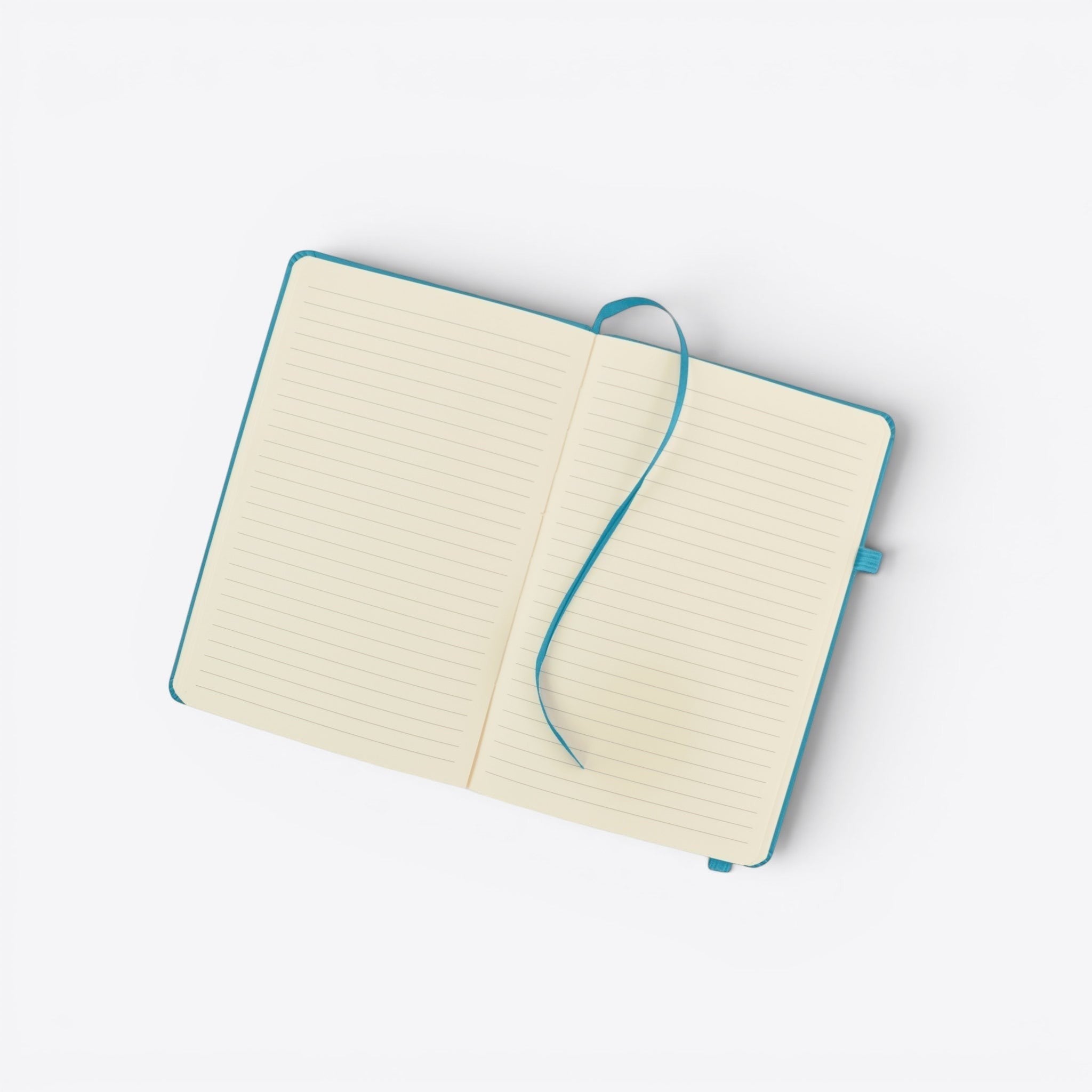 TODAY MERCH turquoise notebook with integrated pen holder and ribbon bookmark, lined pages.