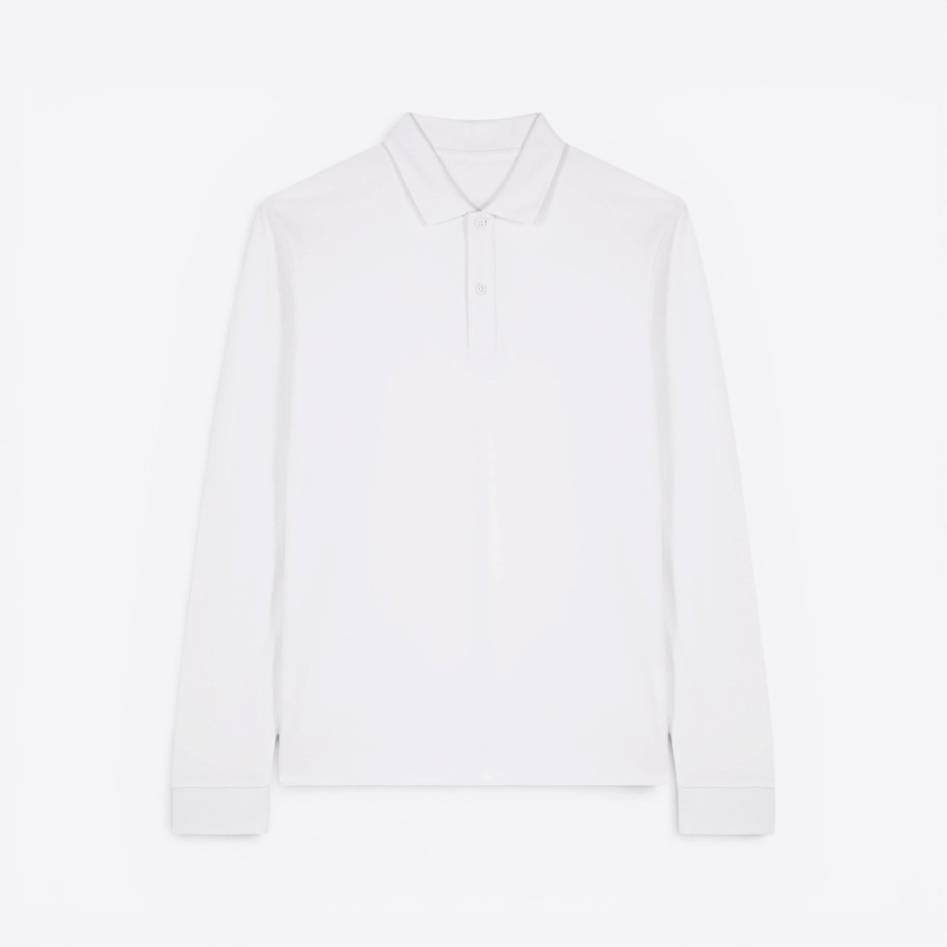 TODAY MERCH white long-sleeve unisex premium polo shirt made from 100% organic cotton with a structured design and two-button placket.