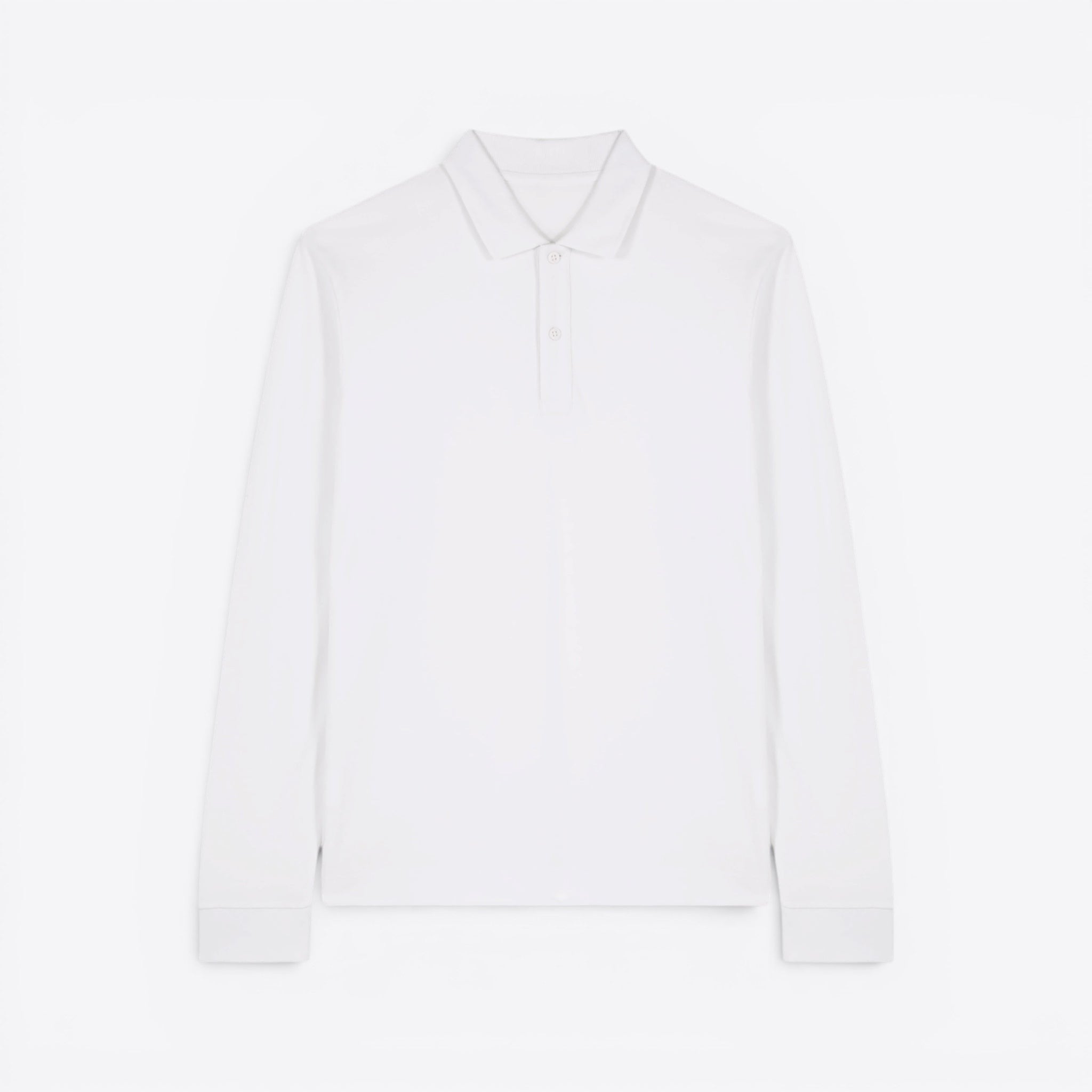 TODAY MERCH white long-sleeve unisex premium polo shirt made from 100% organic cotton with a structured design and two-button placket.