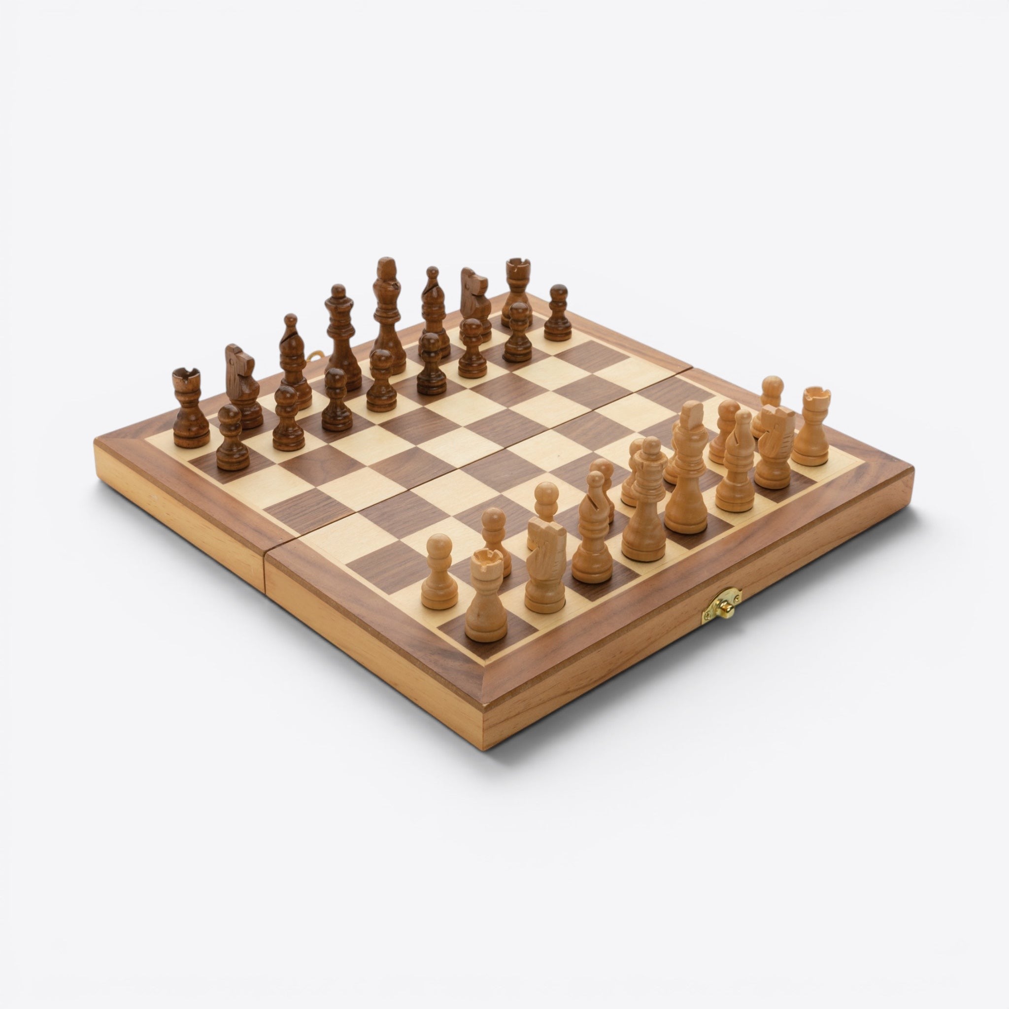 TODAY MERCH wooden folding chessboard with light and dark wood pieces, classic design, ideal for travel and storage.