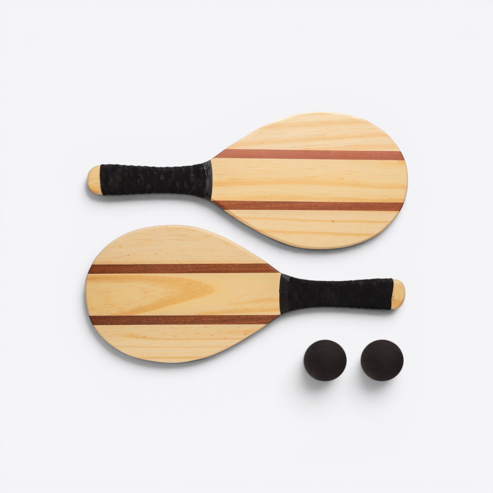 TODAY MERCH wooden Frescobol rackets with black grips and two black balls, natural wood with red stripe accents.