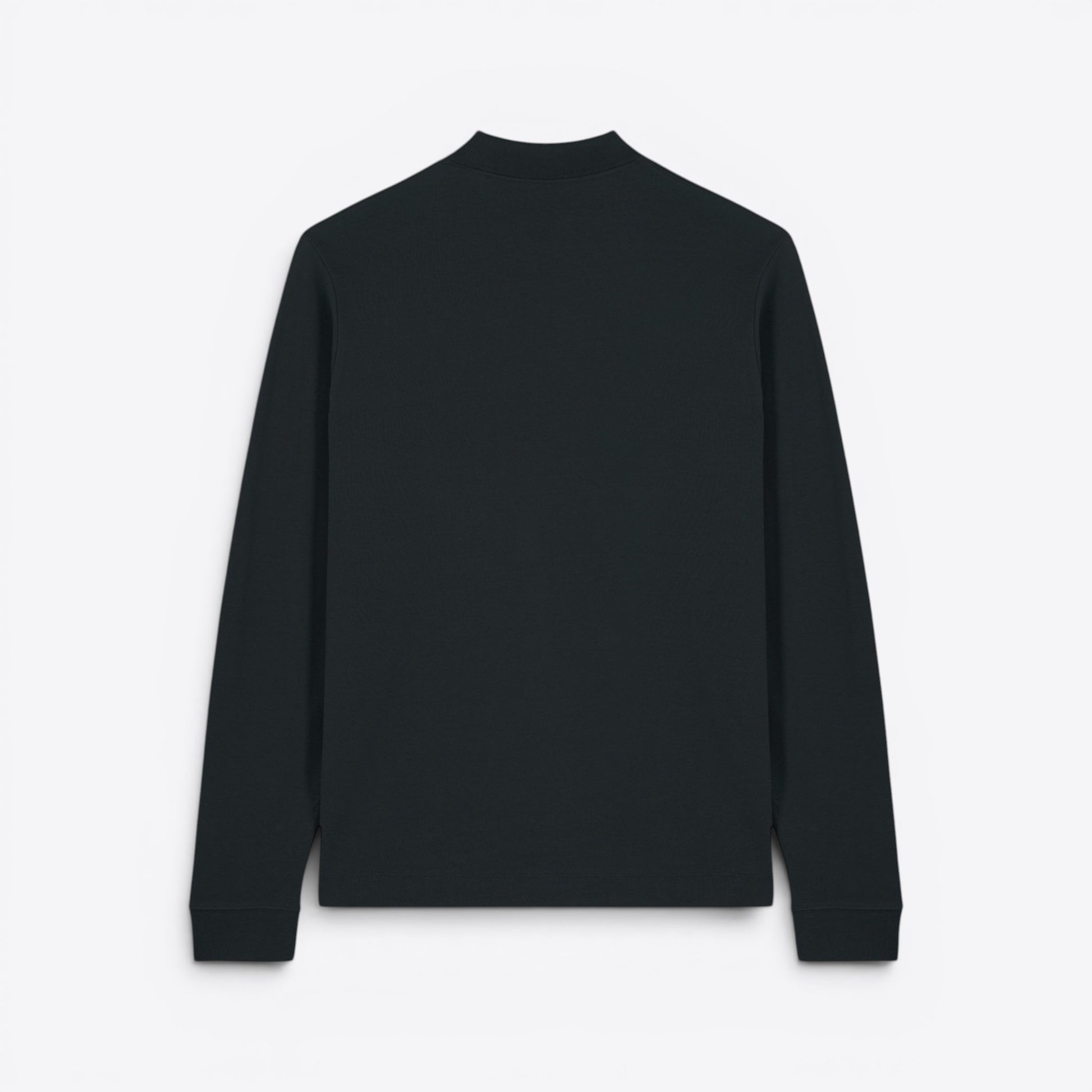 TODAY MERCH black long-sleeve unisex premium organic cotton polo shirt, 240 gsm, structured design for professional wear.