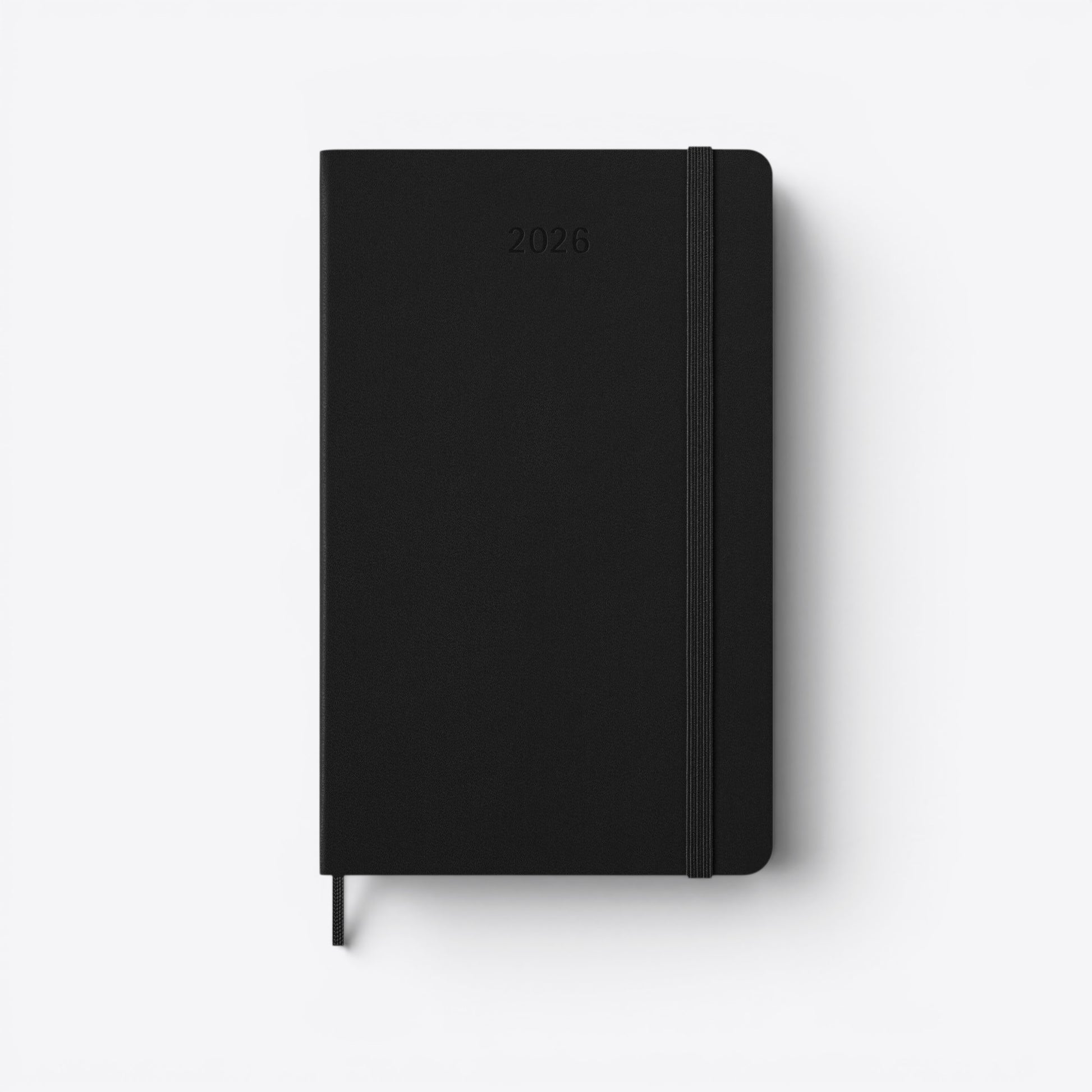 TODAY MERCH black Moleskine agenda for 2026 with elastic closure and bookmark ribbon.