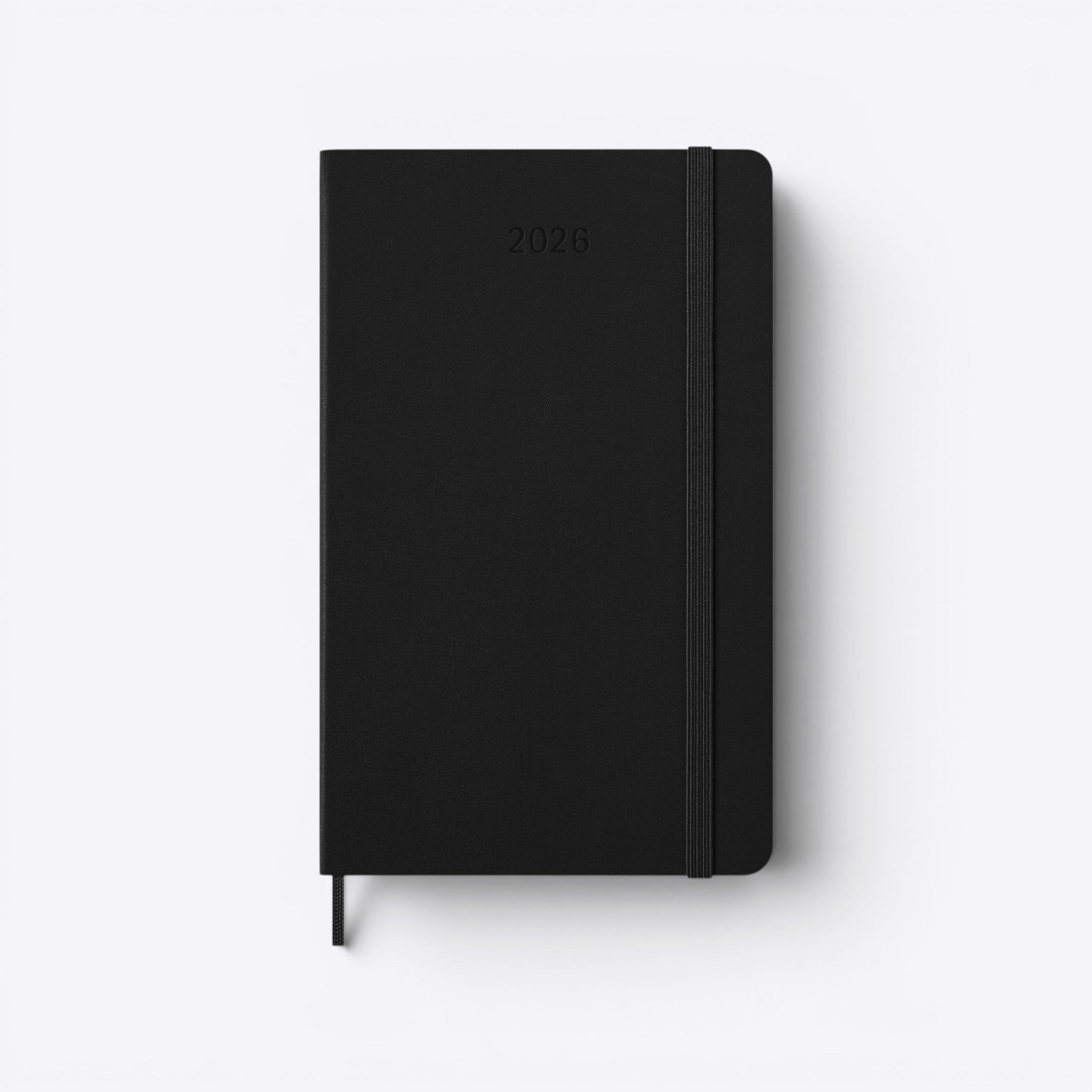 TODAY MERCH black Moleskine agenda for 2026 with elastic closure and bookmark ribbon.