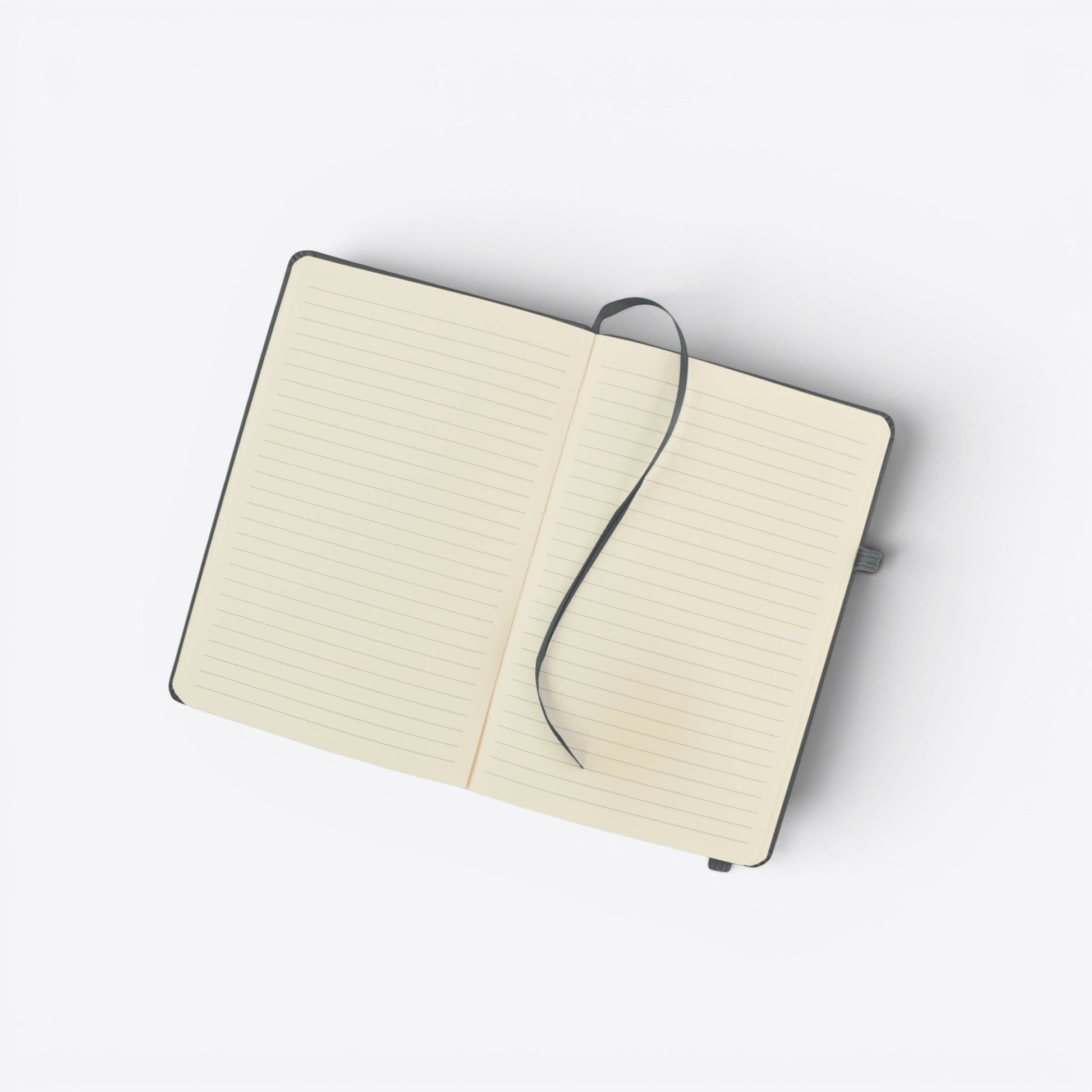 TODAY MERCH black notebook with lined cream pages and a dark grey ribbon bookmark, featuring an integrated pen holder.