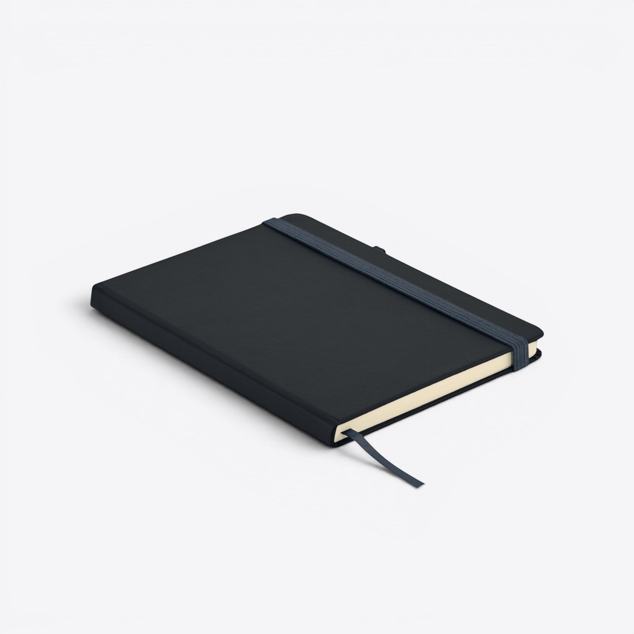 TODAY MERCH black faux leather notebook with integrated pen loop and elastic closure, perfect for professional use.