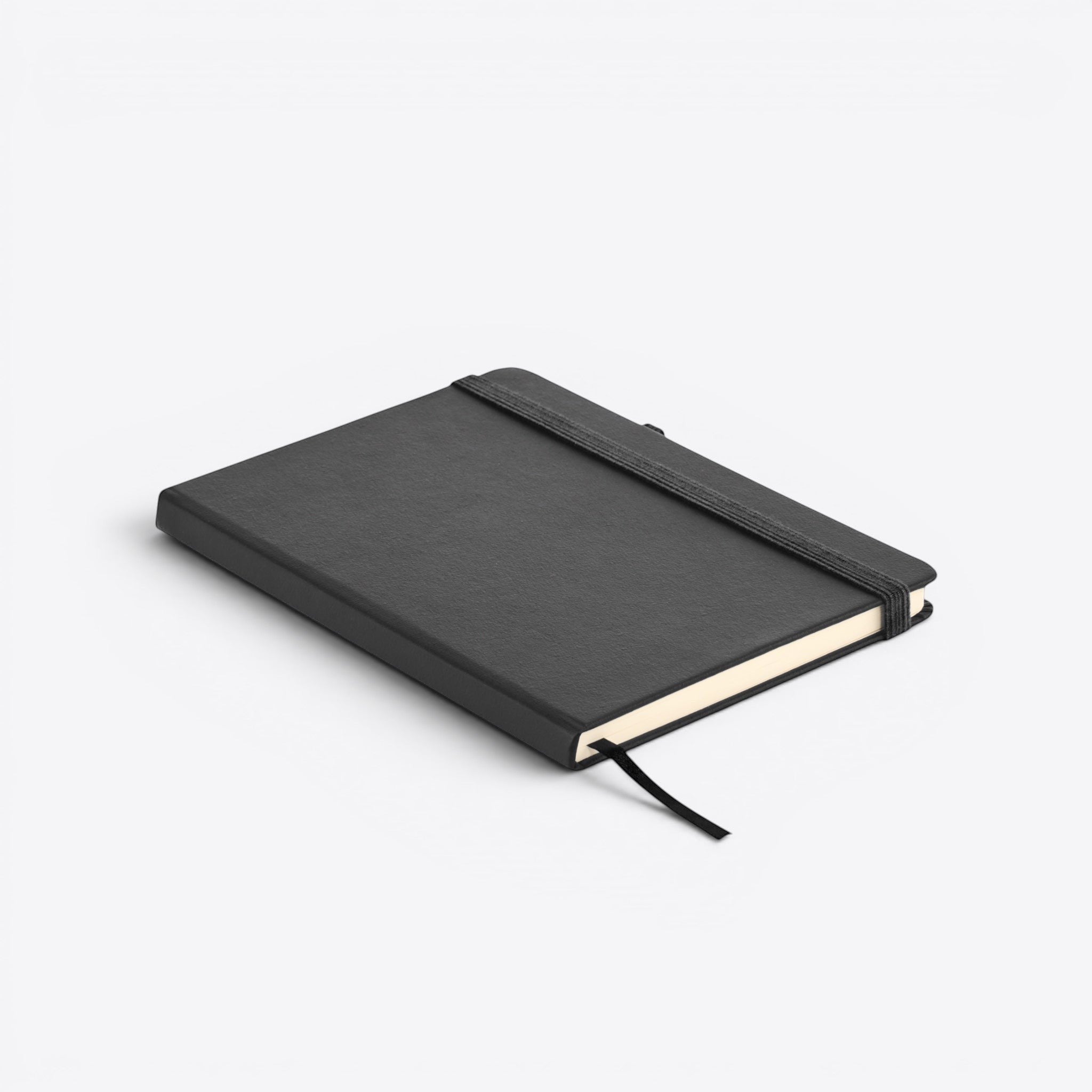 TODAY MERCH black faux leather notebook with elastic closure and integrated pen loop. Features a ribbon bookmark.