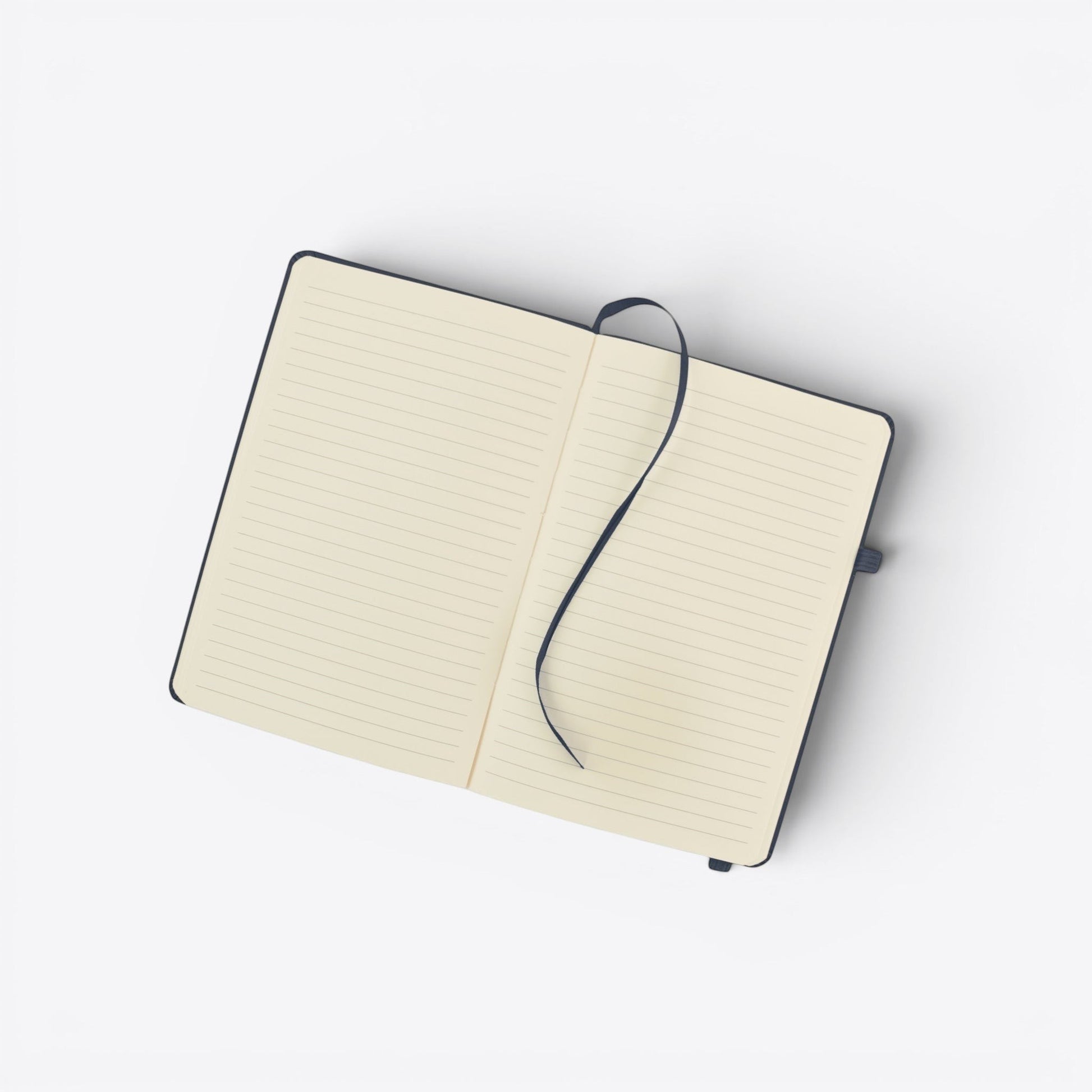 TODAY MERCH black notebook with pen holder and ribbon bookmark, lined pages, ideal for professional use.